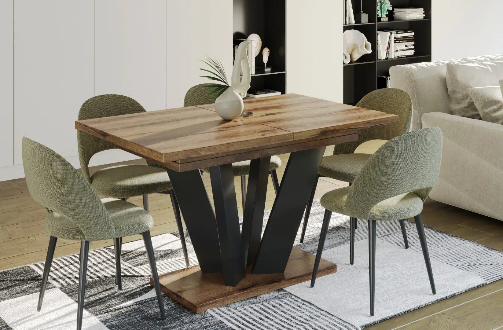 Der exquisite, ausziehbaren Holz Esstisch Alex von Endo Möbel - ein wahrer Blickfang für Ihr Esszimmer! Mit seiner innovativen Ausziehfunktion ist dieser Tisch perfekt für gesellige Abende mit Familie und Freunden geeignet