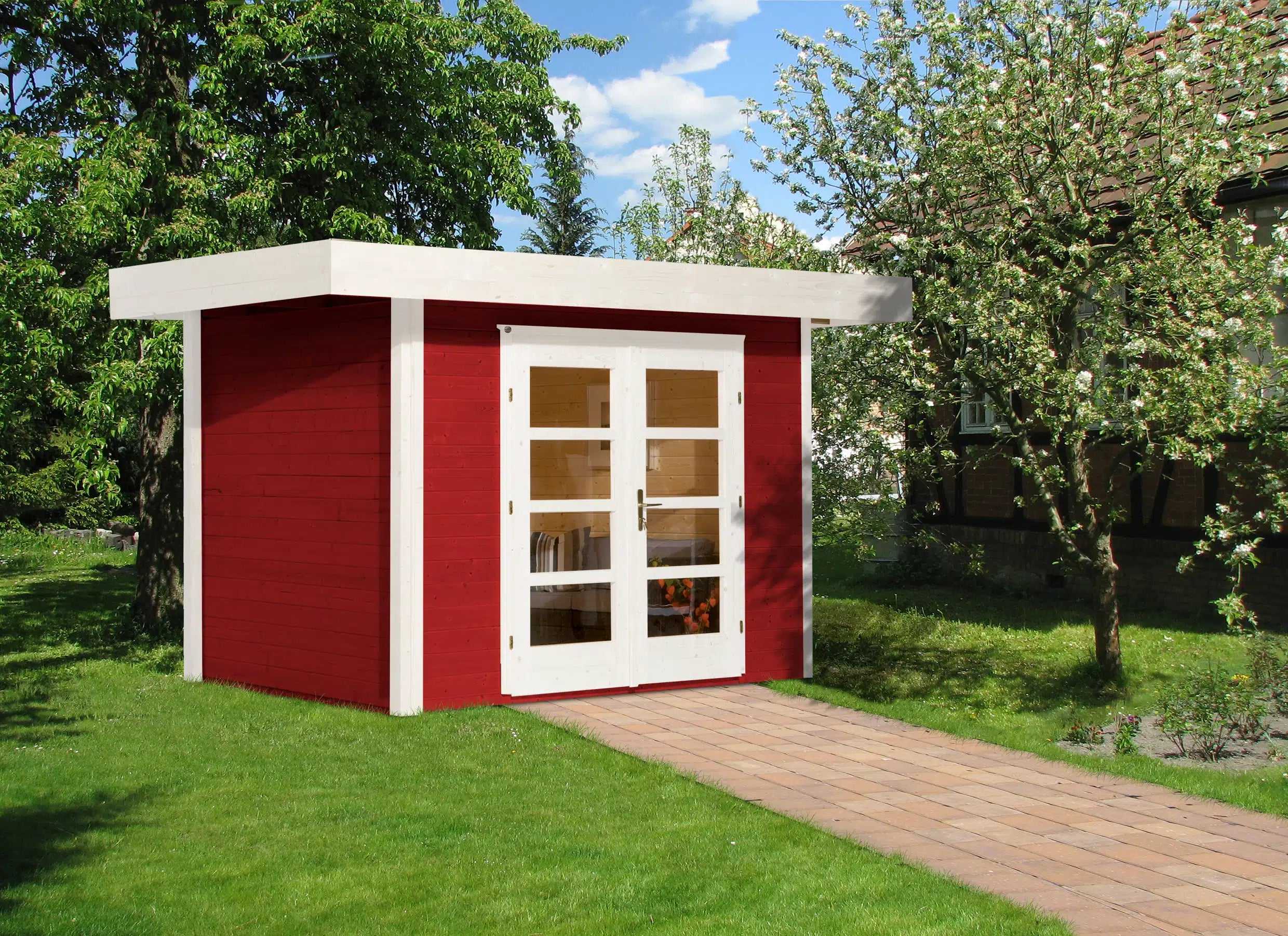 Weka Gartenhaus mit Flachdach aus Fichtenholz in rot - Nutzen Sie den Wohnraum als Wohlfühl-Oase oder zum verstauen ihrer Garten Werkzeuge