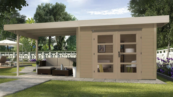 Weka Design Gartenhaus mit Veranda und Flachdach aus Fichtenholz - Nutzen Sie den Wohnraum als Wohlfühl-Oase oder zum verstauen ihrer Garten Werkzeuge