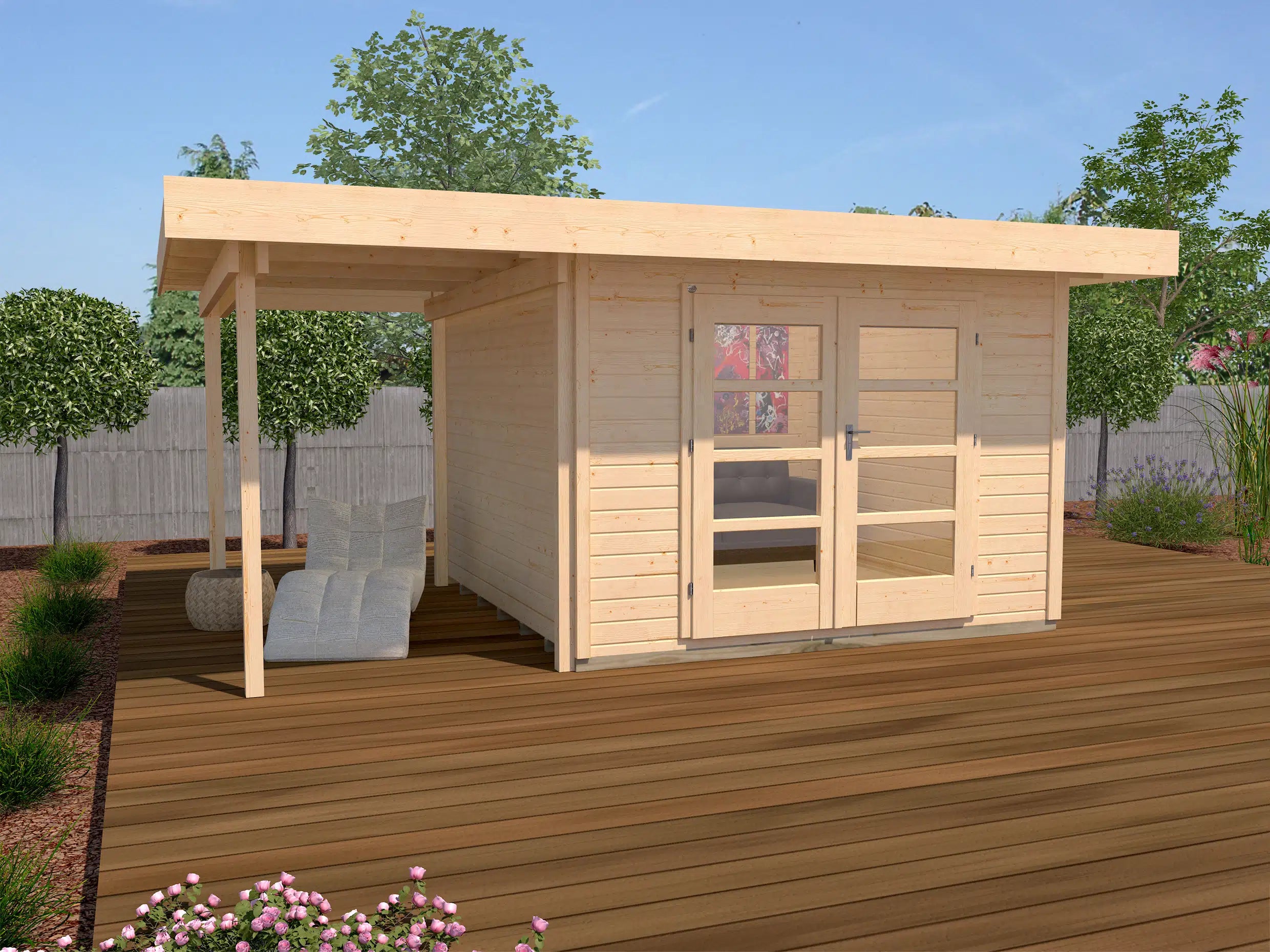 Weka Design Gartenhaus mit Veranda und Flachdach aus Fichtenholz - Nutzen Sie den Wohnraum als Wohlfühl-Oase oder zum verstauen ihrer Garten Werkzeuge