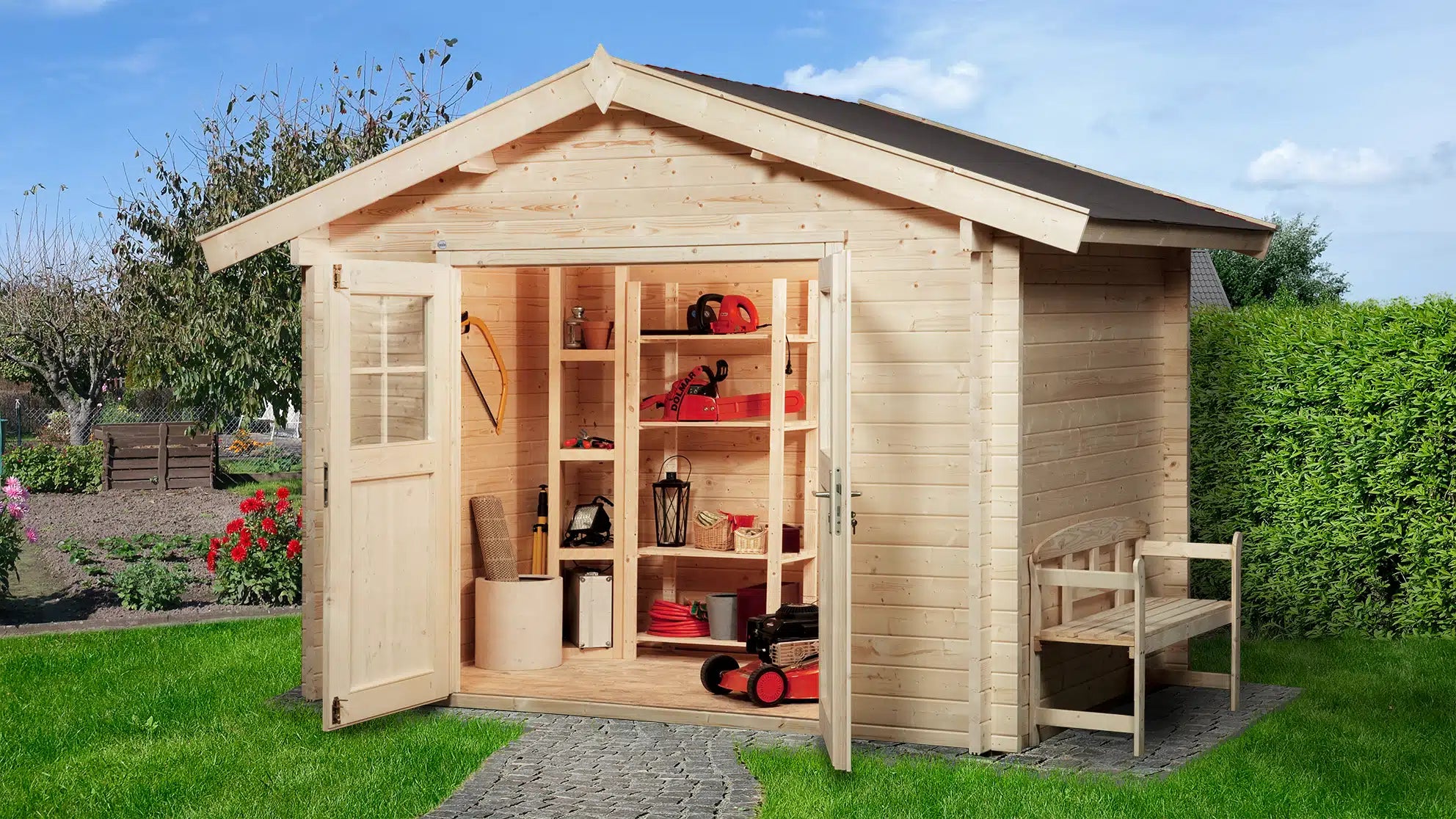 Weka Gartenhaus mit Satteldach aus Fichtenholz - verstauen sie ihr Gartenwerkzeug
