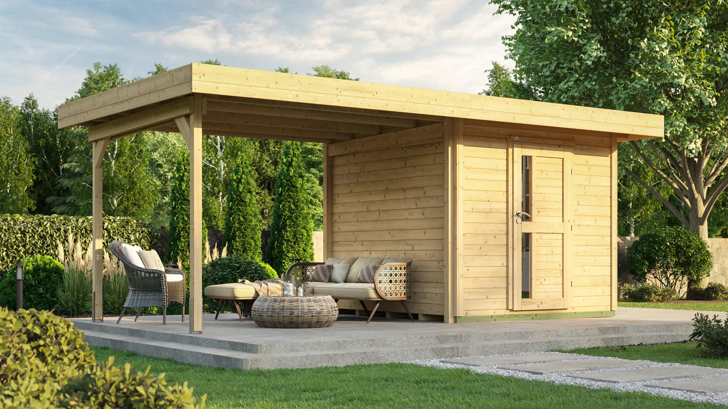 weka designhaus mit flachdach und anbau aus fichtenholz - Nutzen Sie den Wohnraum als Wohlfühl-Oase
