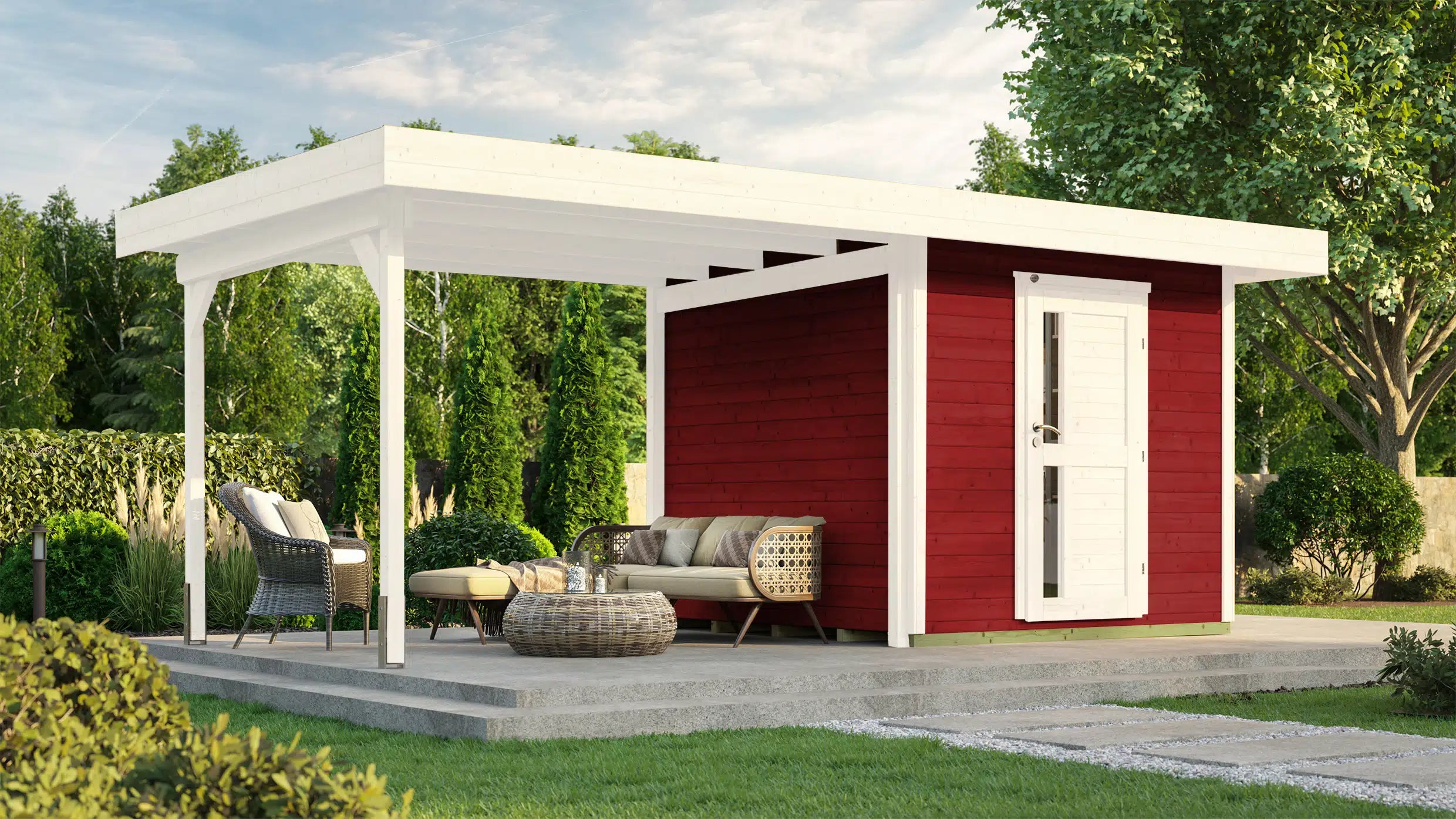 weka designhaus mit flachdach und anbau aus fichtenholz in rot - Nutzen Sie den Wohnraum als Wohlfühl-Oase
