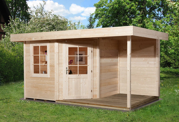 Weka Design Gartenhaus mit Veranda und Flachdach aus Fichtenholz - Nutzen Sie den Wohnraum als Wohlfühl-Oase oder zum verstauen ihrer Garten Werkzeuge