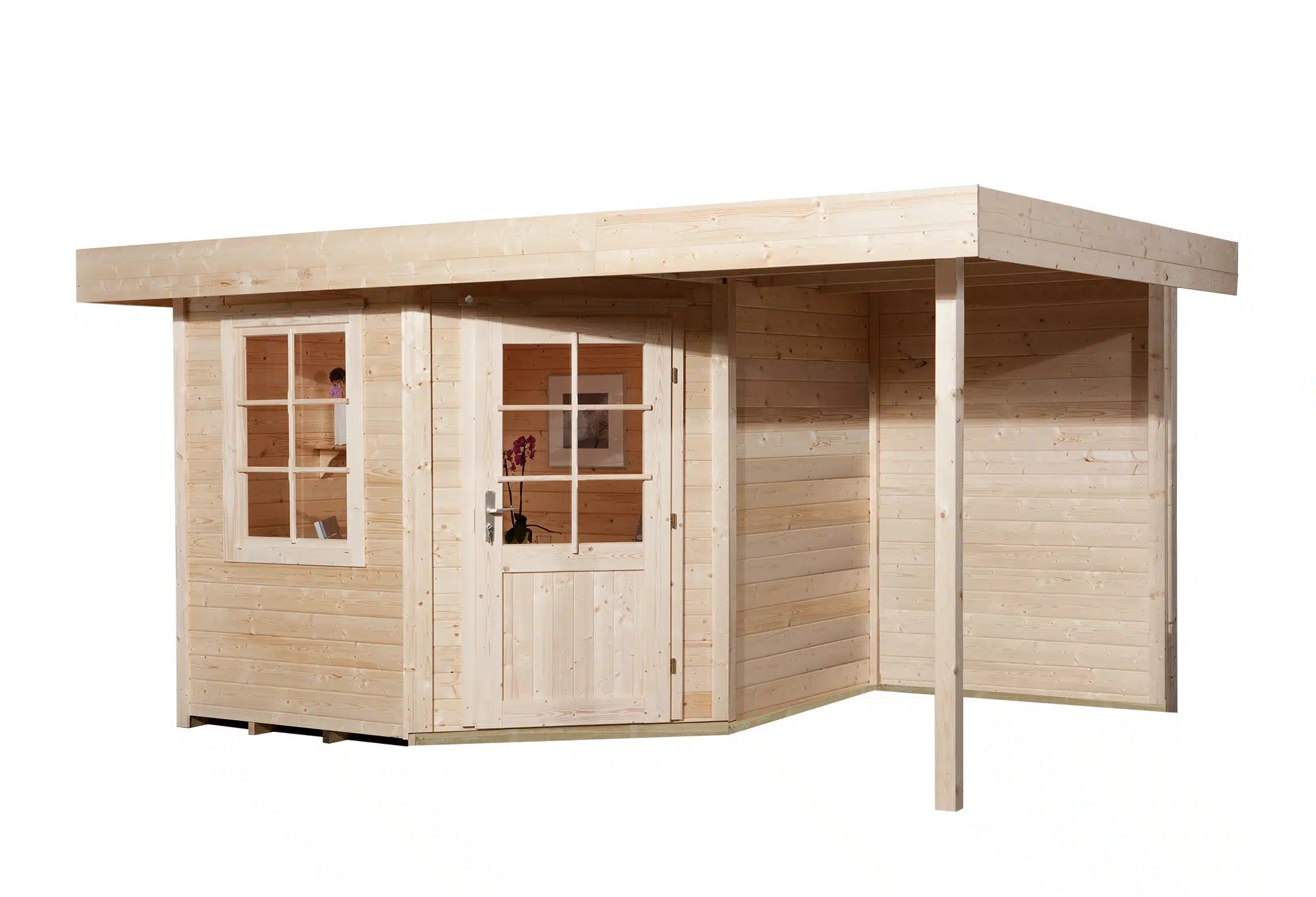 Weka Design Gartenhaus mit Veranda und Flachdach aus Fichtenholz - Nutzen Sie den Wohnraum als Wohlfühl-Oase oder zum verstauen ihrer Garten Werkzeuge