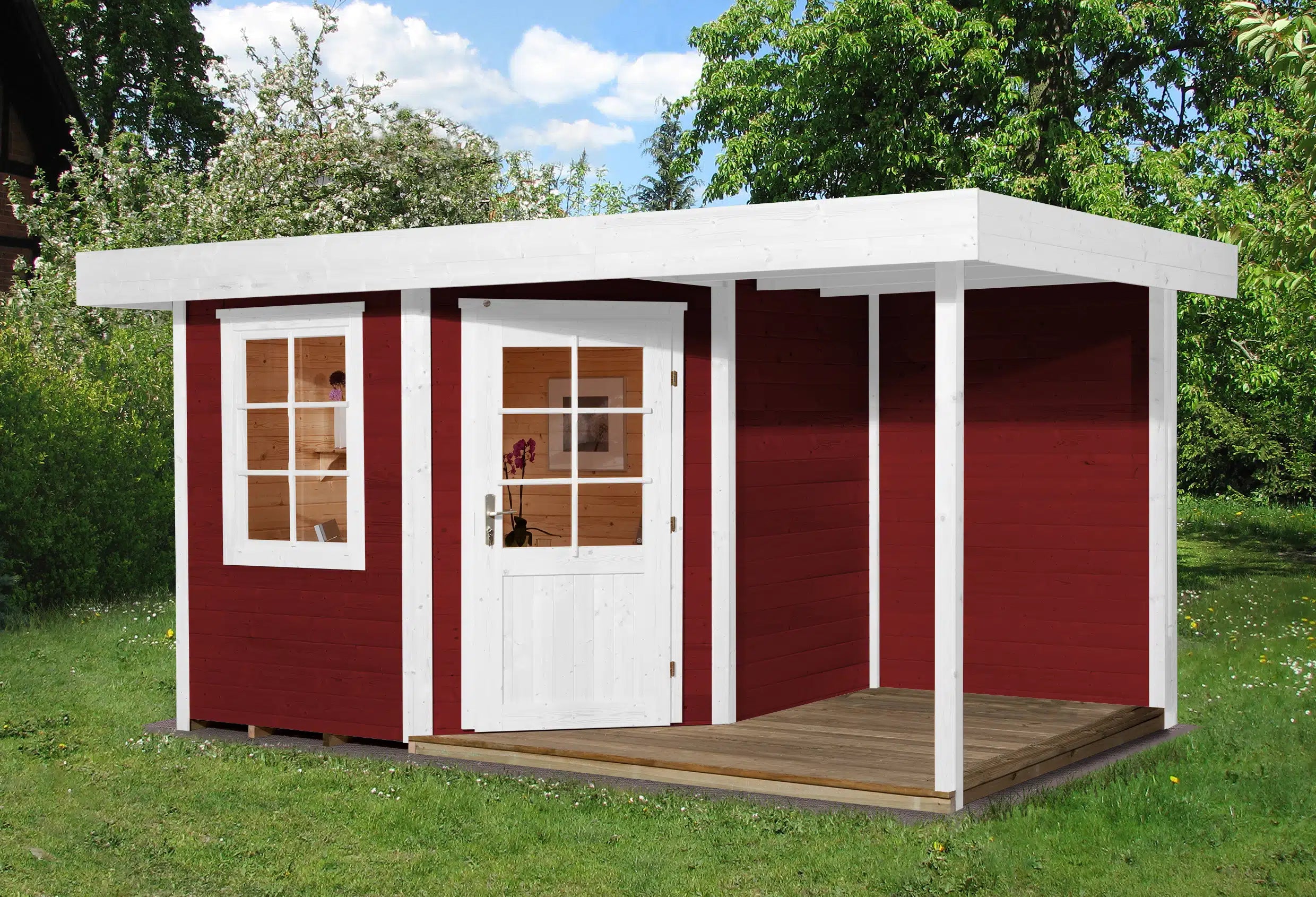 Weka Design Gartenhaus mit Veranda und Flachdach aus Fichtenholz in rot - Nutzen Sie den Wohnraum als Wohlfühl-Oase oder zum verstauen ihrer Garten Werkzeuge