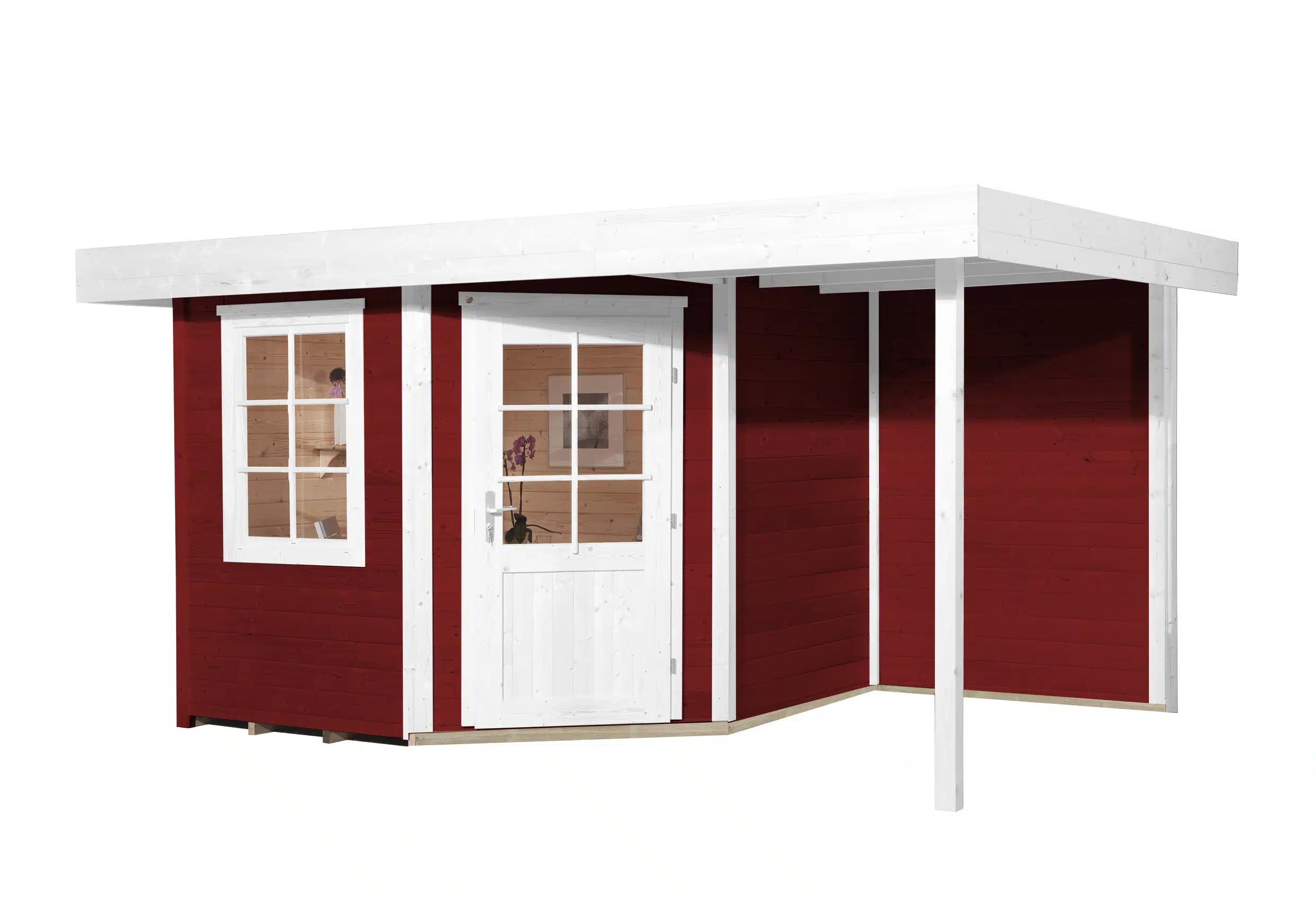 Weka Design Gartenhaus mit Veranda und Flachdach aus Fichtenholz in rot  - Nutzen Sie den Wohnraum als Wohlfühl-Oase oder zum verstauen ihrer Garten Werkzeuge