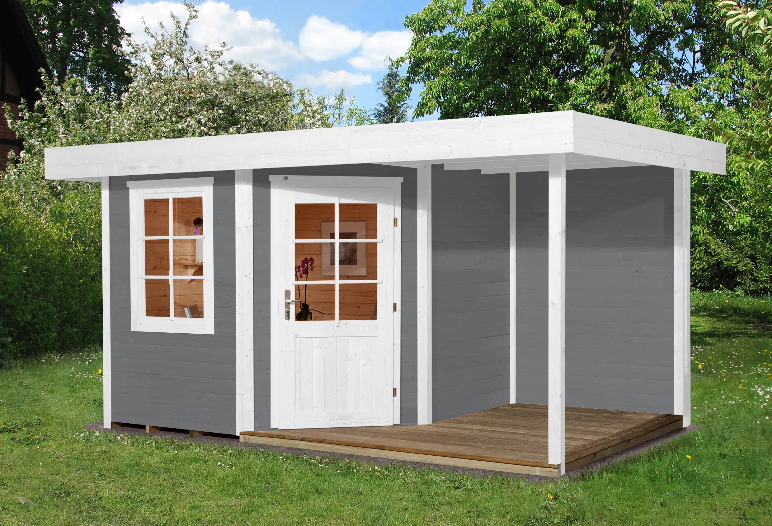 Weka Design Gartenhaus mit Veranda und Flachdach aus Fichtenholz in Grau - Nutzen Sie den Wohnraum als Wohlfühl-Oase oder zum verstauen ihrer Garten Werkzeuge