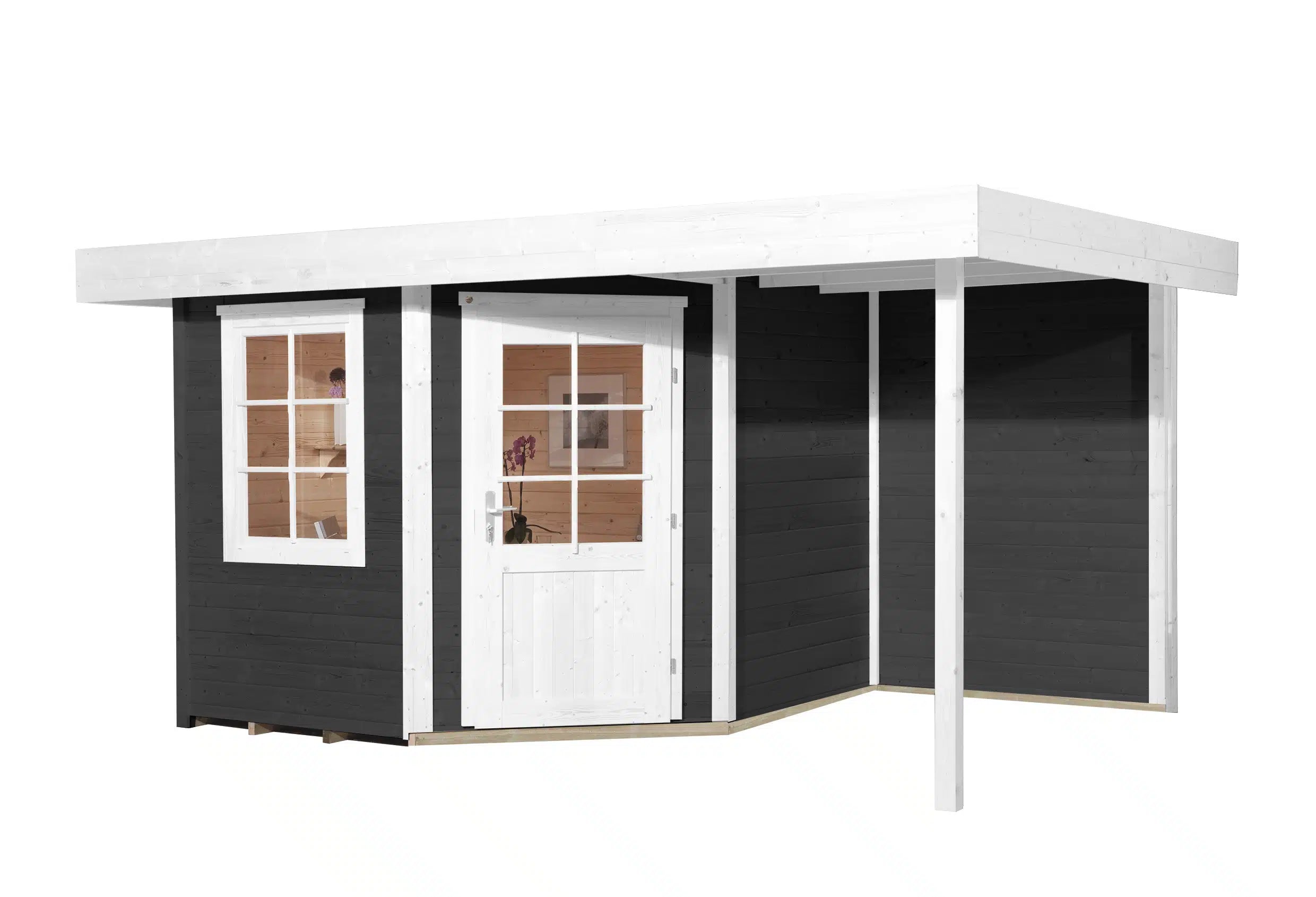 Weka Design Gartenhaus mit Veranda und Flachdach aus Fichtenholz in anthrazit - Nutzen Sie den Wohnraum als Wohlfühl-Oase oder zum verstauen ihrer Garten Werkzeuge