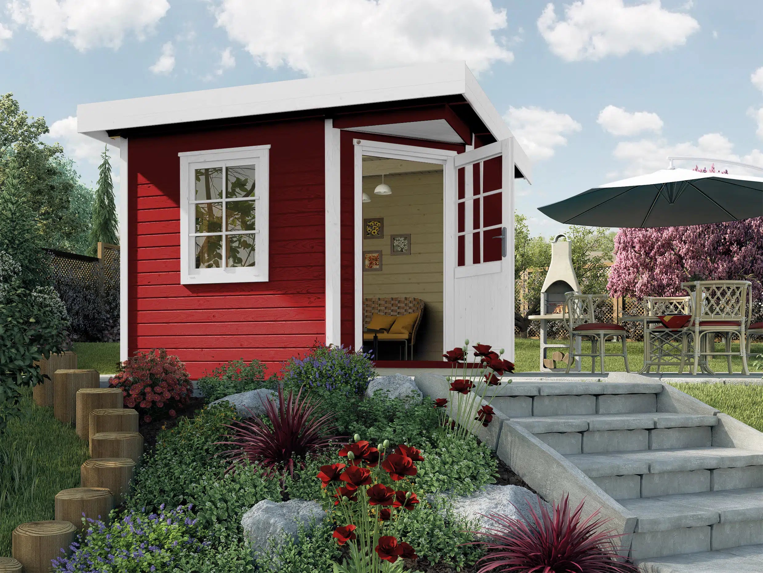 Weka Design Gartenhaus 5 eck Flachdach Fichtenholz in rot - Nutzen Sie den Wohnraum als Wohlfühl-Oase oder zum verstauen ihrer Garten Werkzeuge
