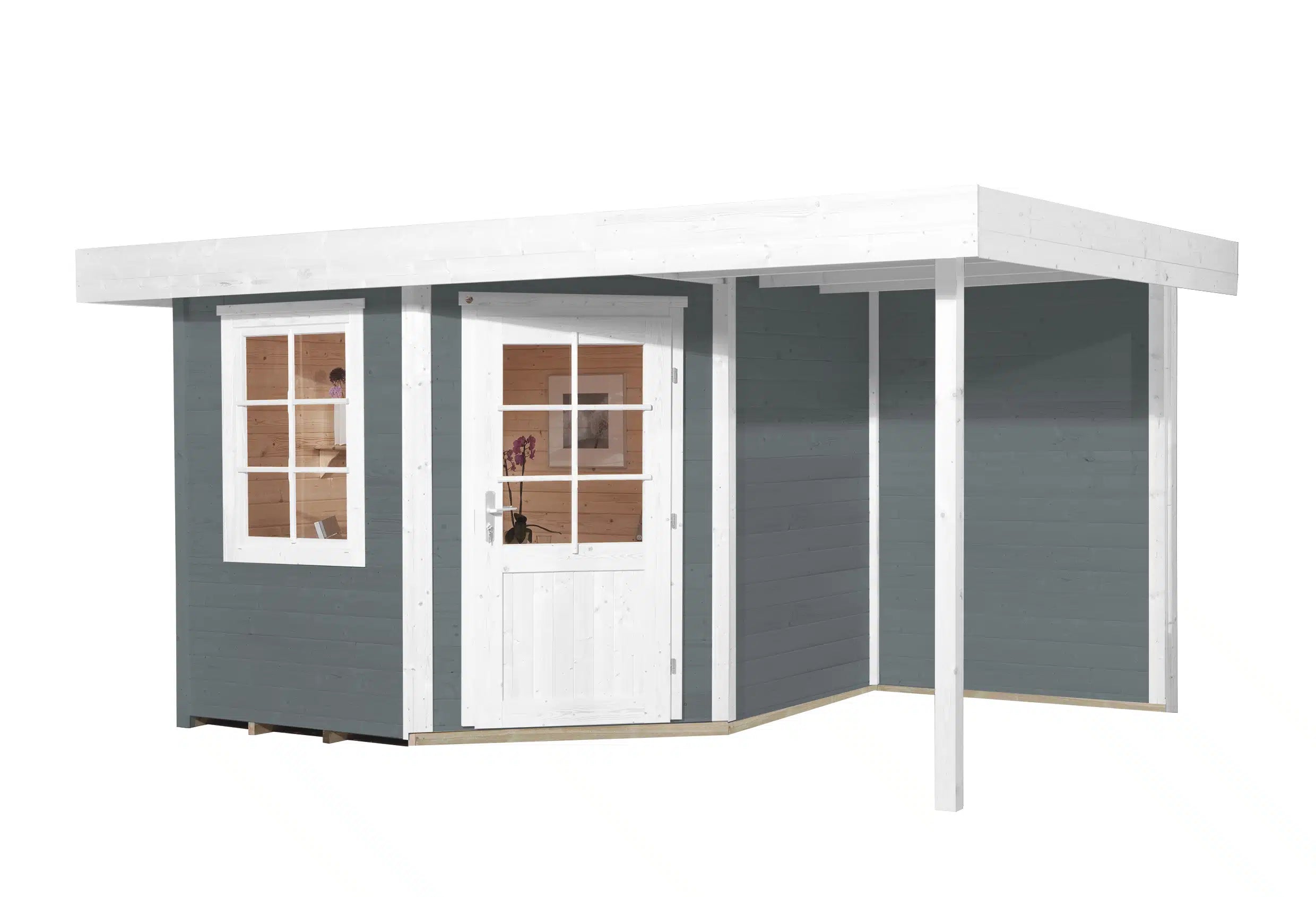 Weka Design Gartenhaus mit Veranda und Flachdach aus Fichtenholz in grau - Nutzen Sie den Wohnraum als Wohlfühl-Oase oder zum verstauen ihrer Garten Werkzeuge