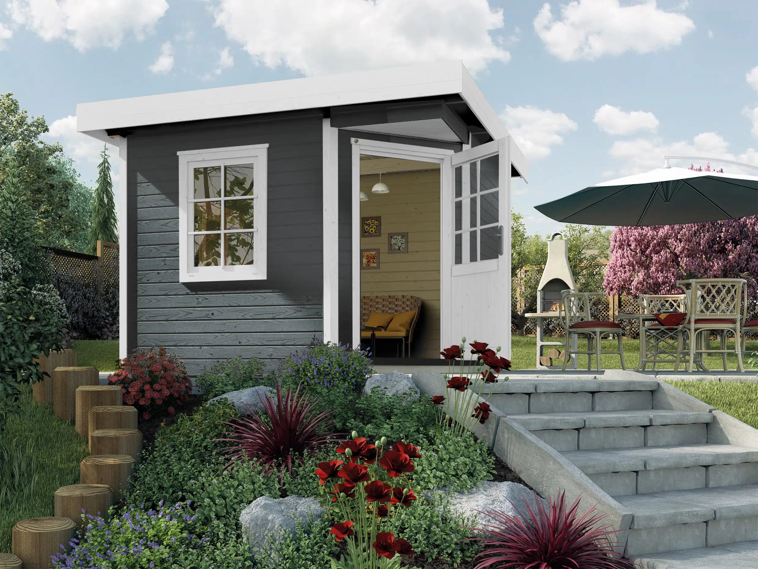 Weka Design Gartenhaus 5 eck Flachdach Fichtenholz in grau - Nutzen Sie den Wohnraum als Wohlfühl-Oase oder zum verstauen ihrer Garten Werkzeuge