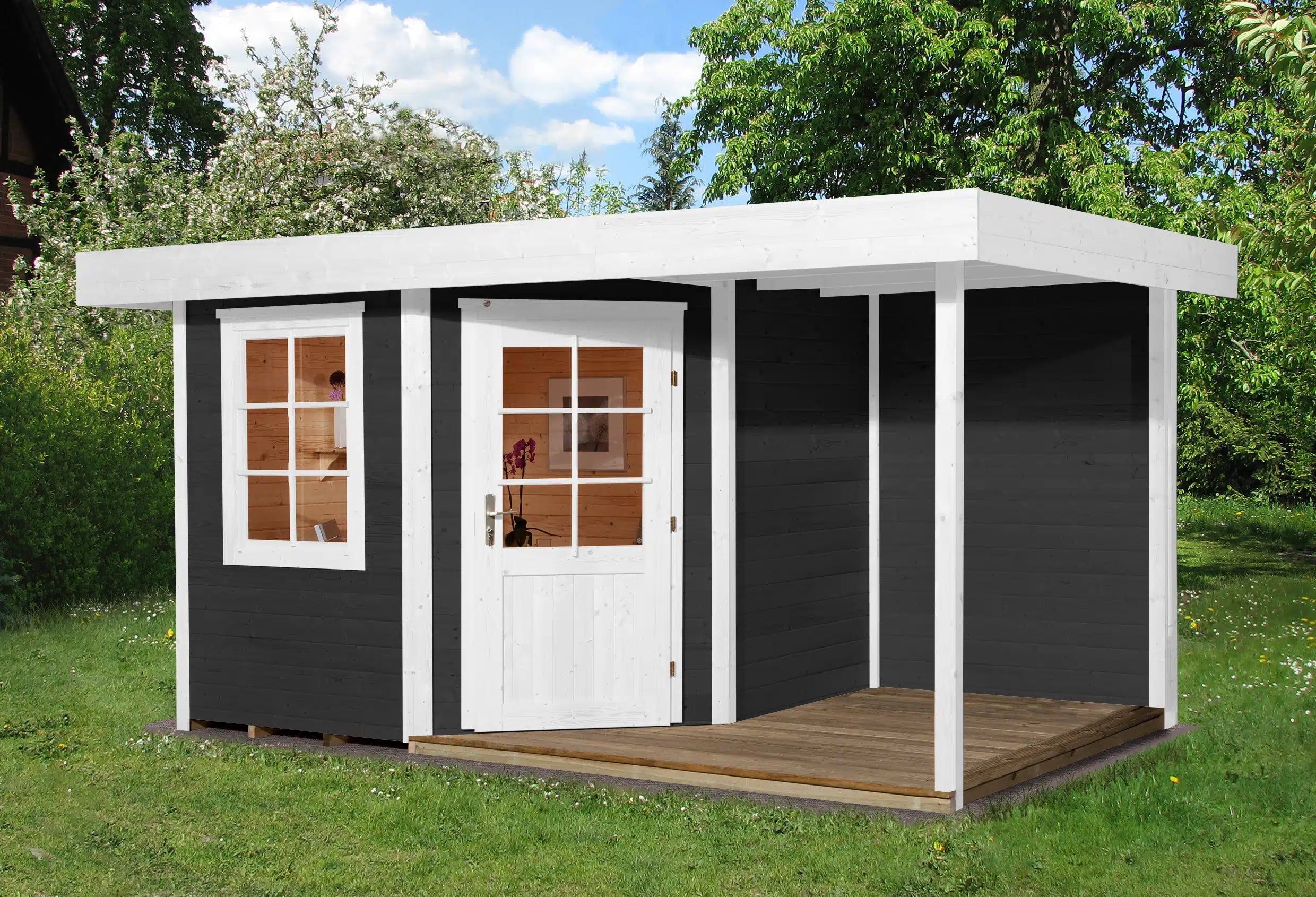 Weka Design Gartenhaus mit Veranda und Flachdach aus Fichtenholz in anthrazit - Nutzen Sie den Wohnraum als Wohlfühl-Oase oder zum verstauen ihrer Garten Werkzeuge