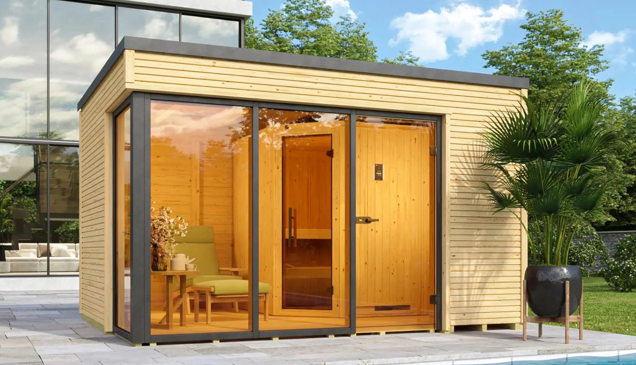 WEKA Design Sauna Gartenhaus aus Massivholz. Die Sauna ist ein Wohlfühlraum zum enstpannen
