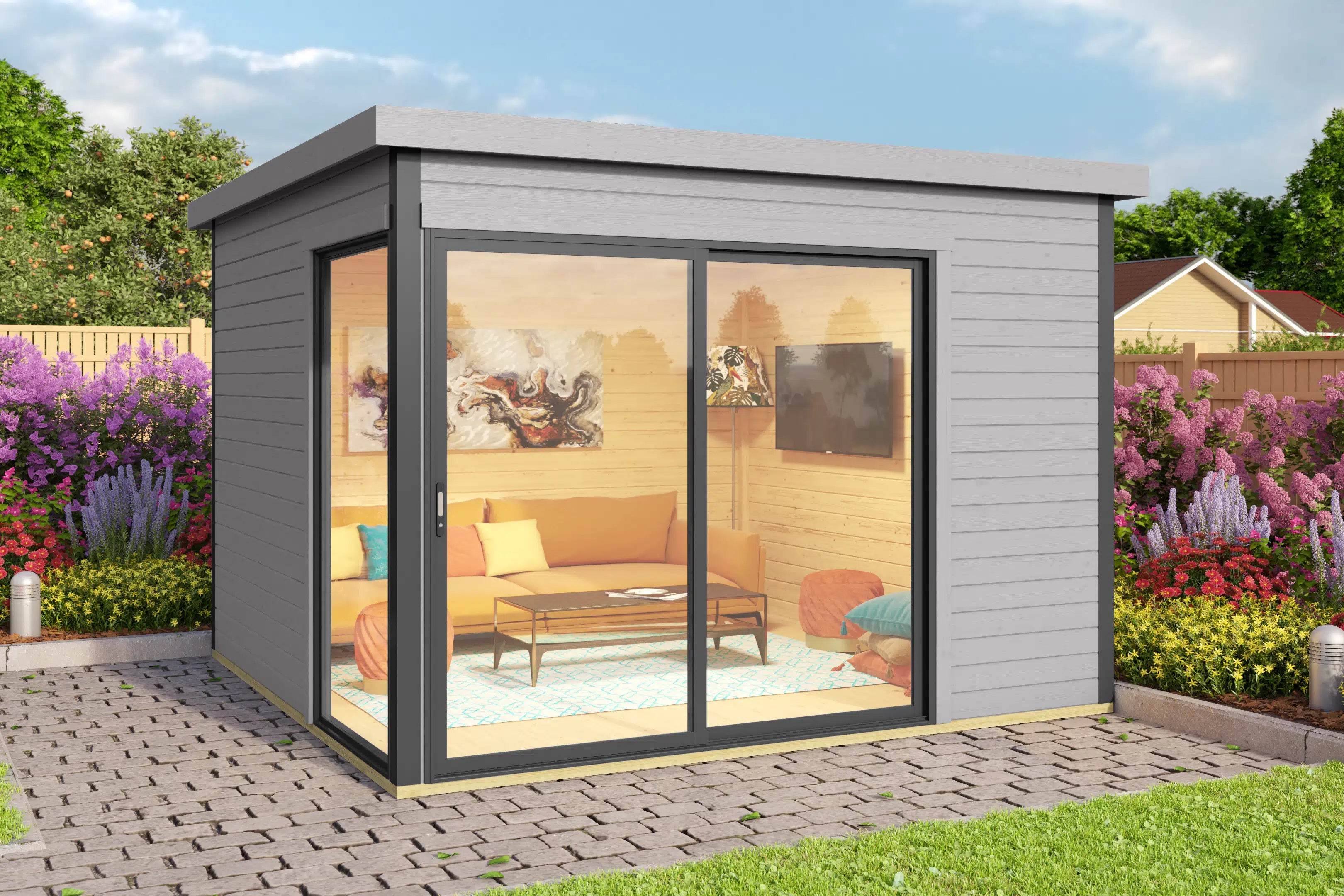 Garten Weka Designhaus in grau mit Schiebetür und Fenster, mit Flachdach aus Fichtenholz - Nutzen Sie den Garten als Wohnerweiterung
