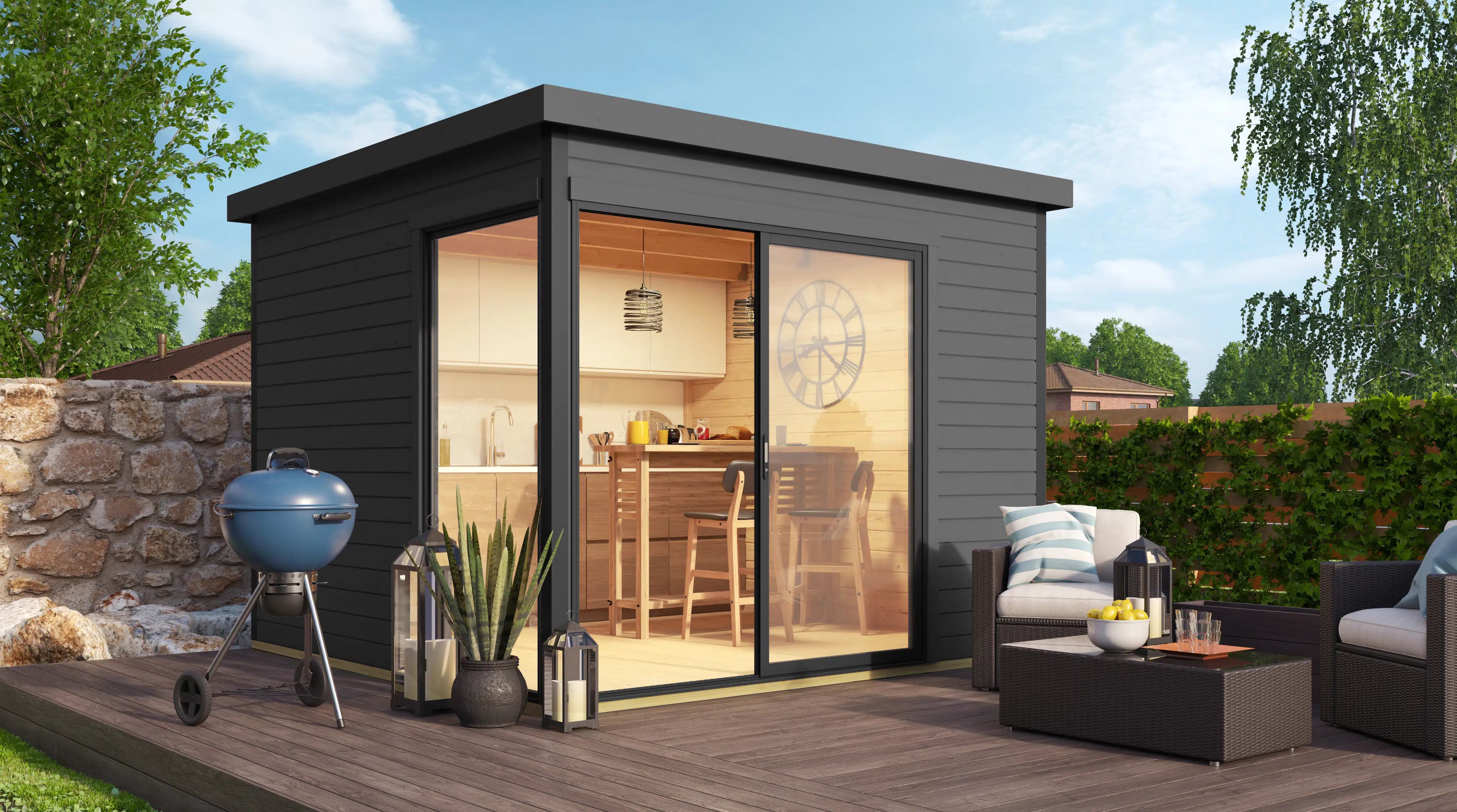 Garten Weka Designhaus in anthrazit mit Schiebetür und Fenster, mit Flachdach aus Fichtenholz - Nutzen Sie den Garten als Wohnerweiterung