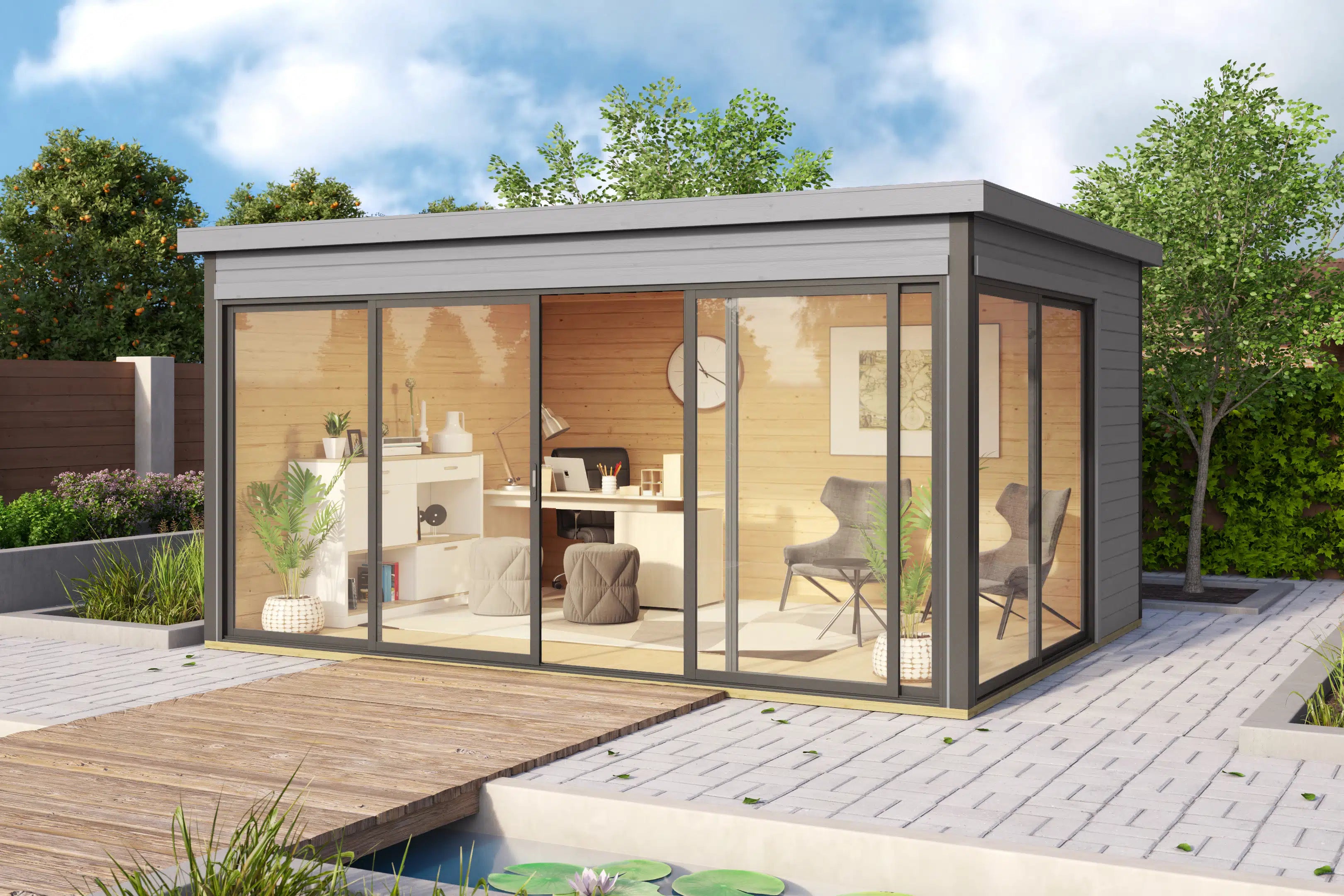 Garten Weka Designhaus in grau mit Schiebetür und Fenster, mit Flachdach aus Fichtenholz - Nutzen Sie den Garten als Wohnerweiterung