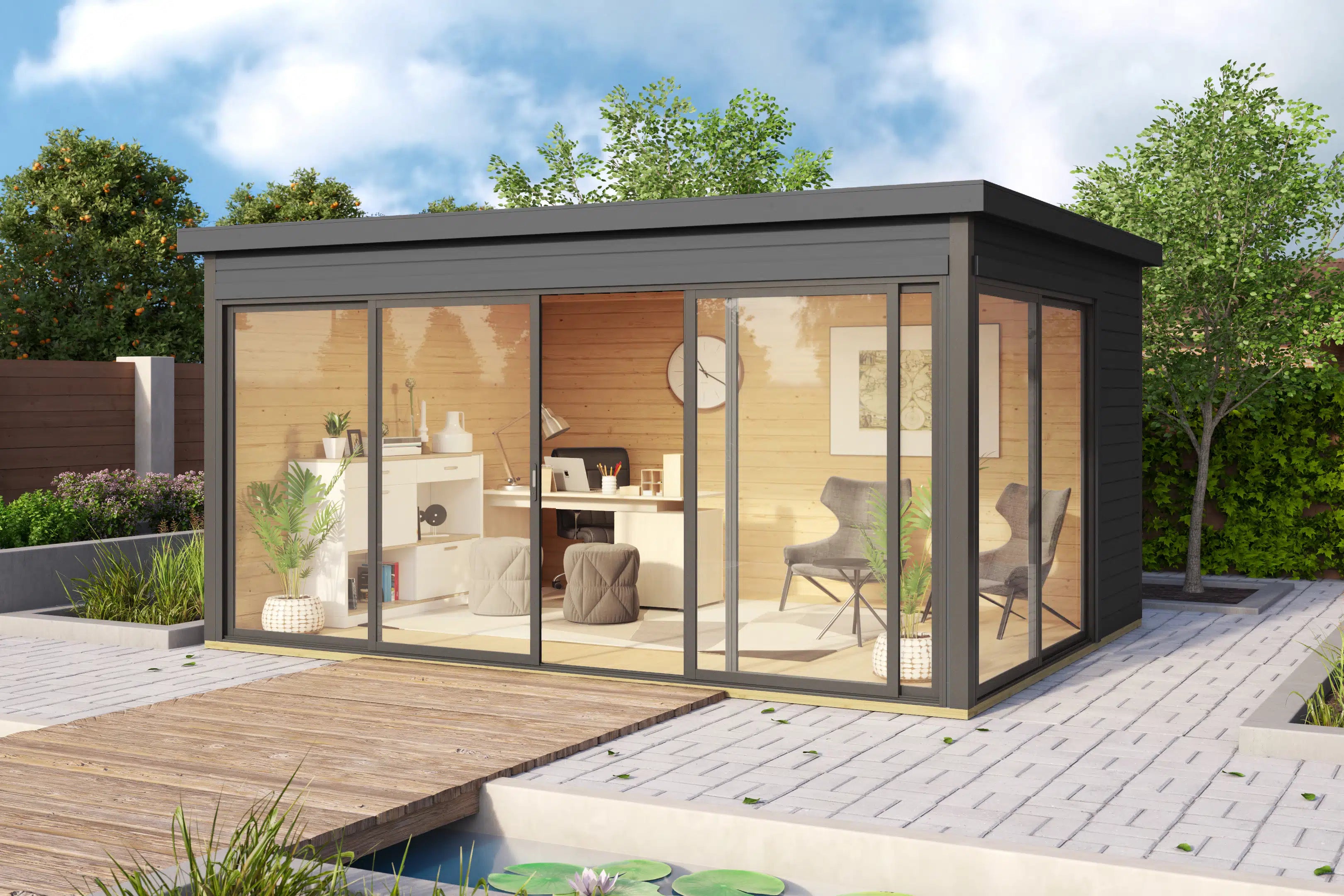 Garten Weka Designhaus in anthrazit mit Schiebetür und Fenster, mit Flachdach aus Fichtenholz - Nutzen Sie den Garten als Wohnerweiterung