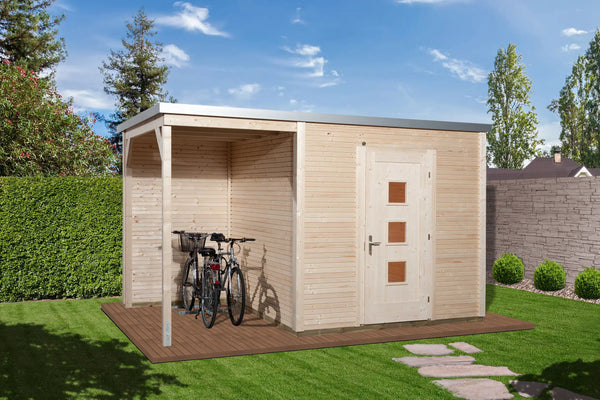 Weka Garten Designhaus mit Anbau und Flachdach aus Fichtenholz - Nutzen Sie den Wohnraum als Wohlfühl-Oase oder zum verstauen ihrer Garten Werkzeuge