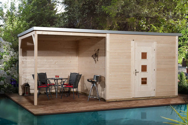 Weka Design Gartenhaus mit Veranda und Flachdach aus Fichtenholz - Nutzen Sie den Wohnraum als Wohlfühl-Oase oder zum verstauen ihrer Garten Werkzeuge