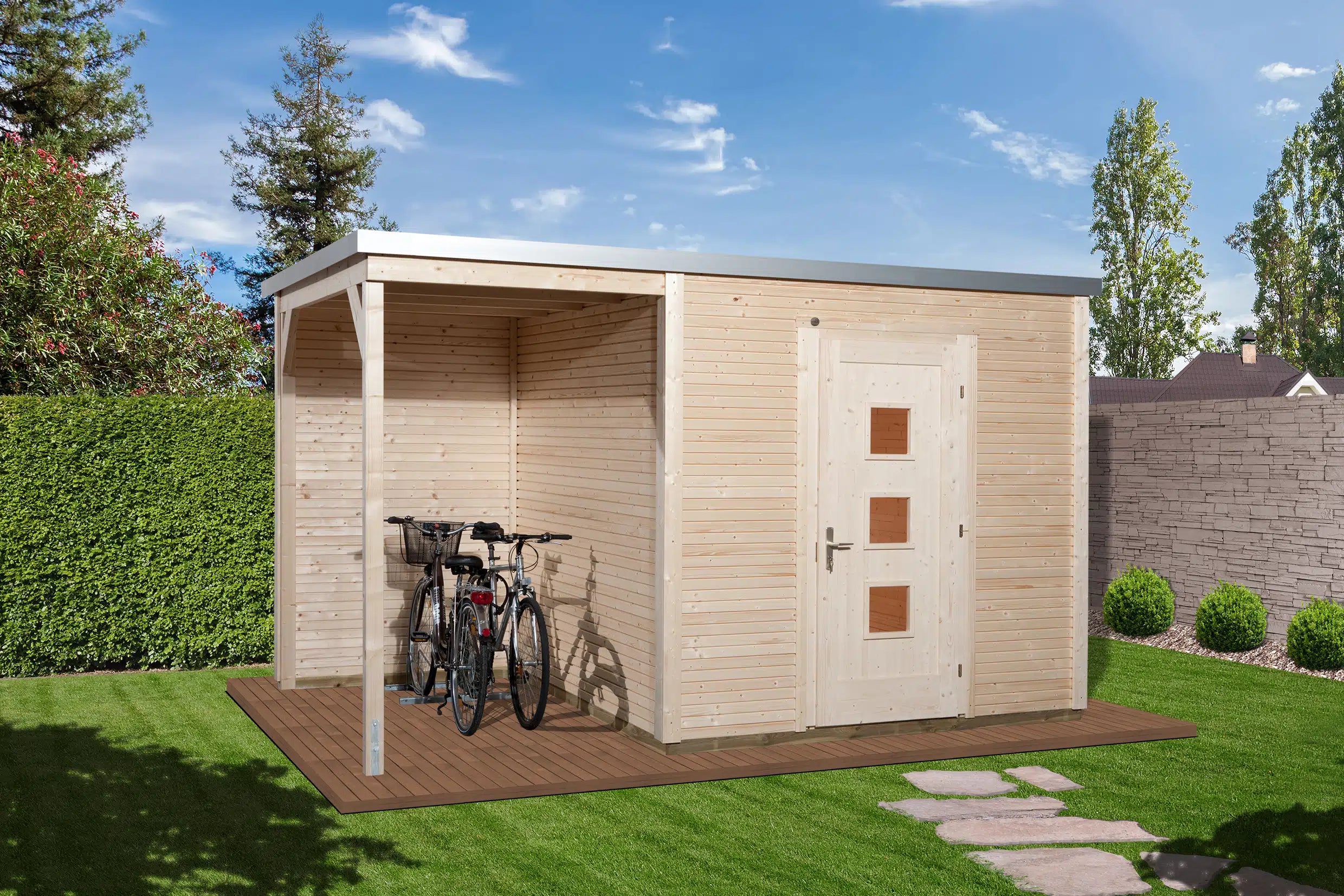 Weka Garten Designhaus mit Anbau und Flachdach aus Fichtenholz - Nutzen Sie den Wohnraum als Wohlfühl-Oase oder zum verstauen ihrer Garten Werkzeuge