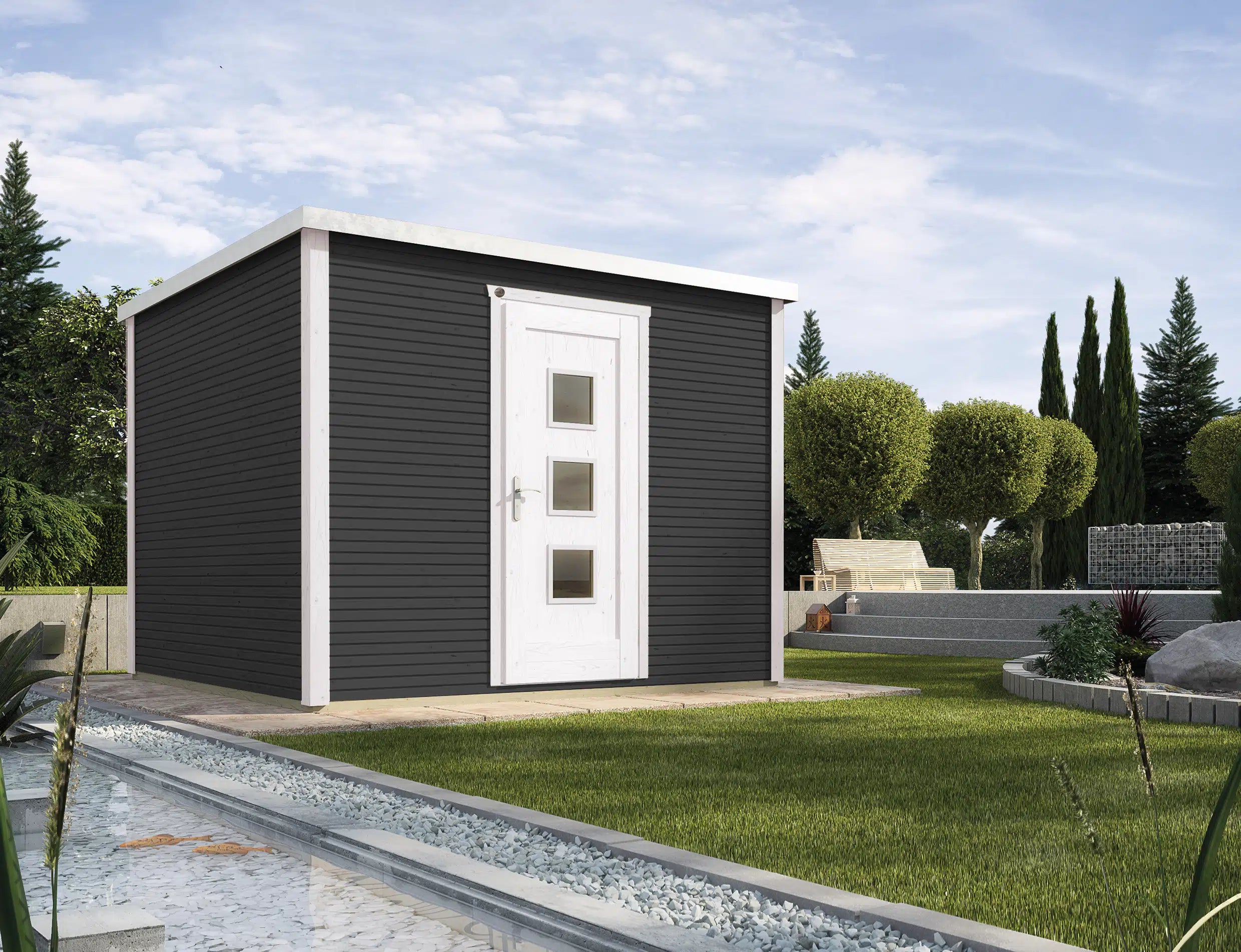 Weka Design Gartenhaus mit Flachdach aus Fichtenholz in anthrazit - Nutzen Sie den Wohnraum als Wohlfühl-Oase oder zum verstauen ihrer Garten Werkzeuge