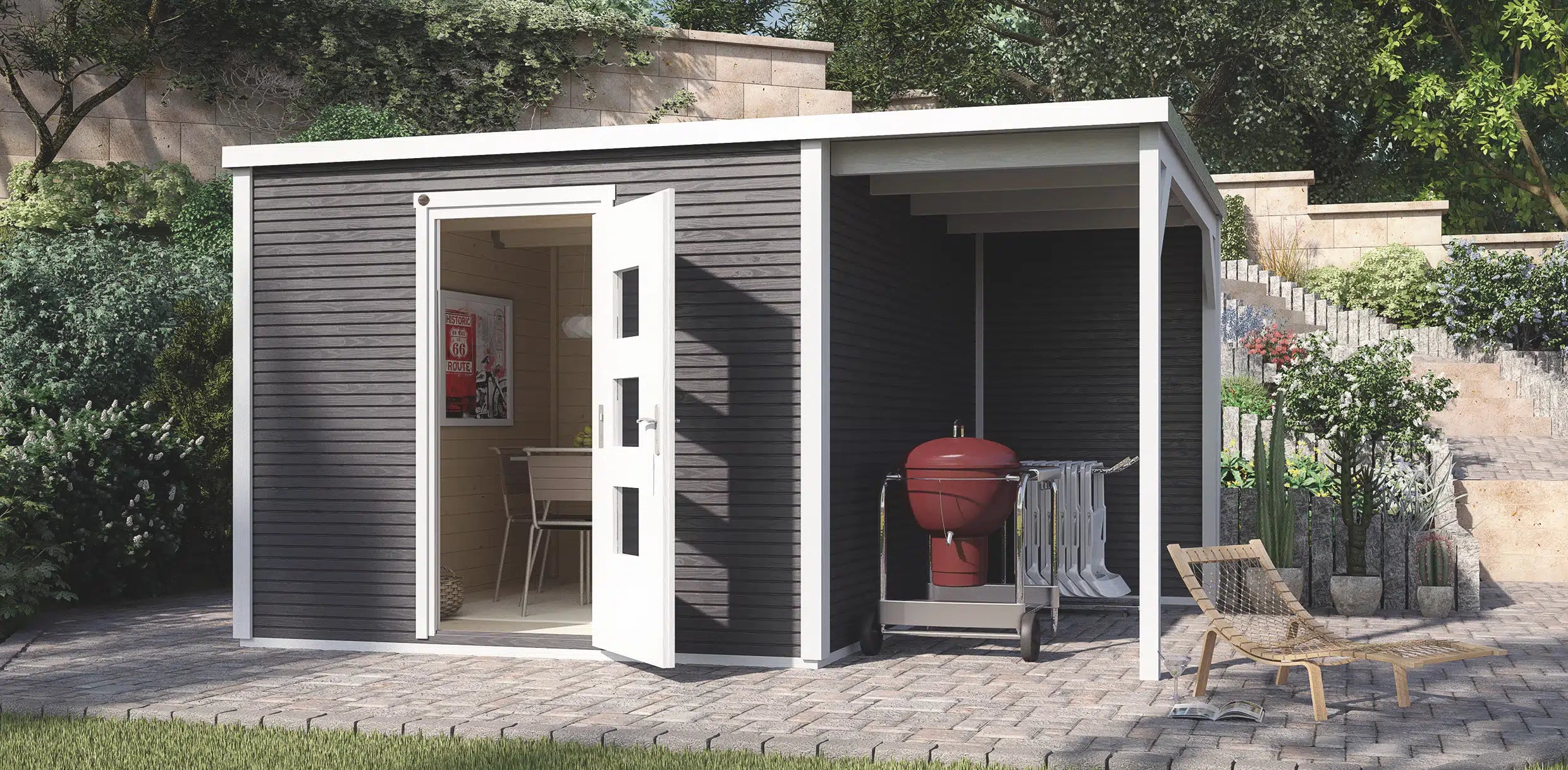 Weka Garten Designhaus mit Anbau und Flachdach aus Fichtenholz in anthrazit - Nutzen Sie den Wohnraum als Wohlfühl-Oase oder zum verstauen ihrer Garten Werkzeuge