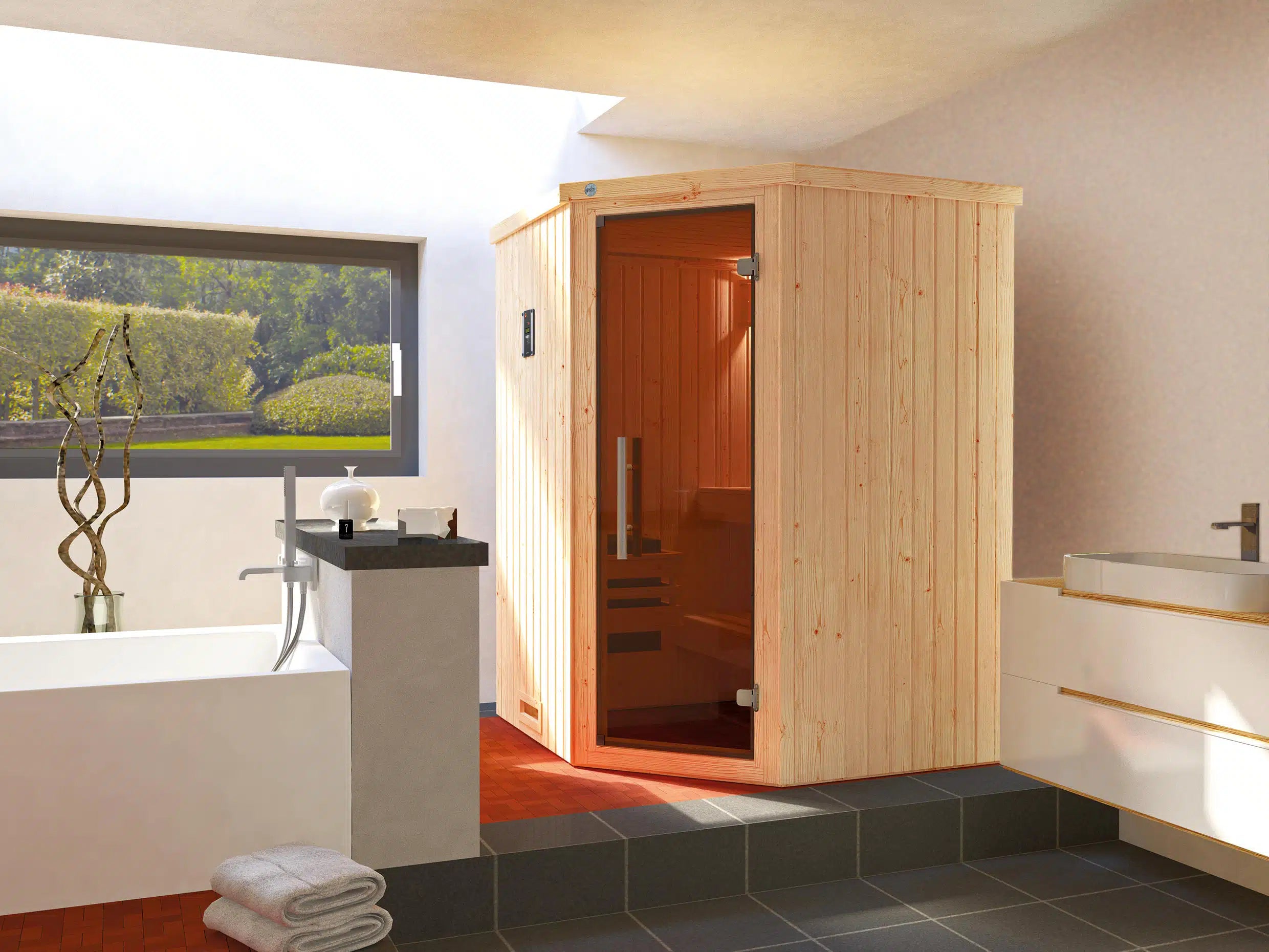 WEKA Sauna aus Massivholz mit Glastür. Die Sauna ist ein Wohlfühlraum zum enstpannen- machen sie ihr zuhause zur privaten Wellnessoase