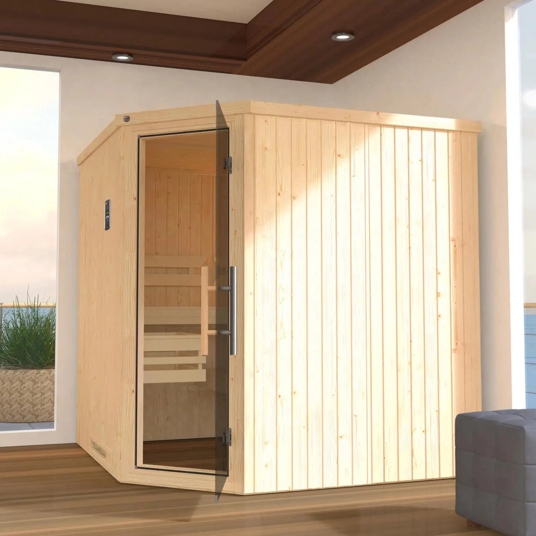 WEKA Sauna aus Massivholz mit Glastür.Die Sauna ist ein Wohlfühlraum zum enstpannen- machen sie ihr zuhause zur privaten Wellnessoase
