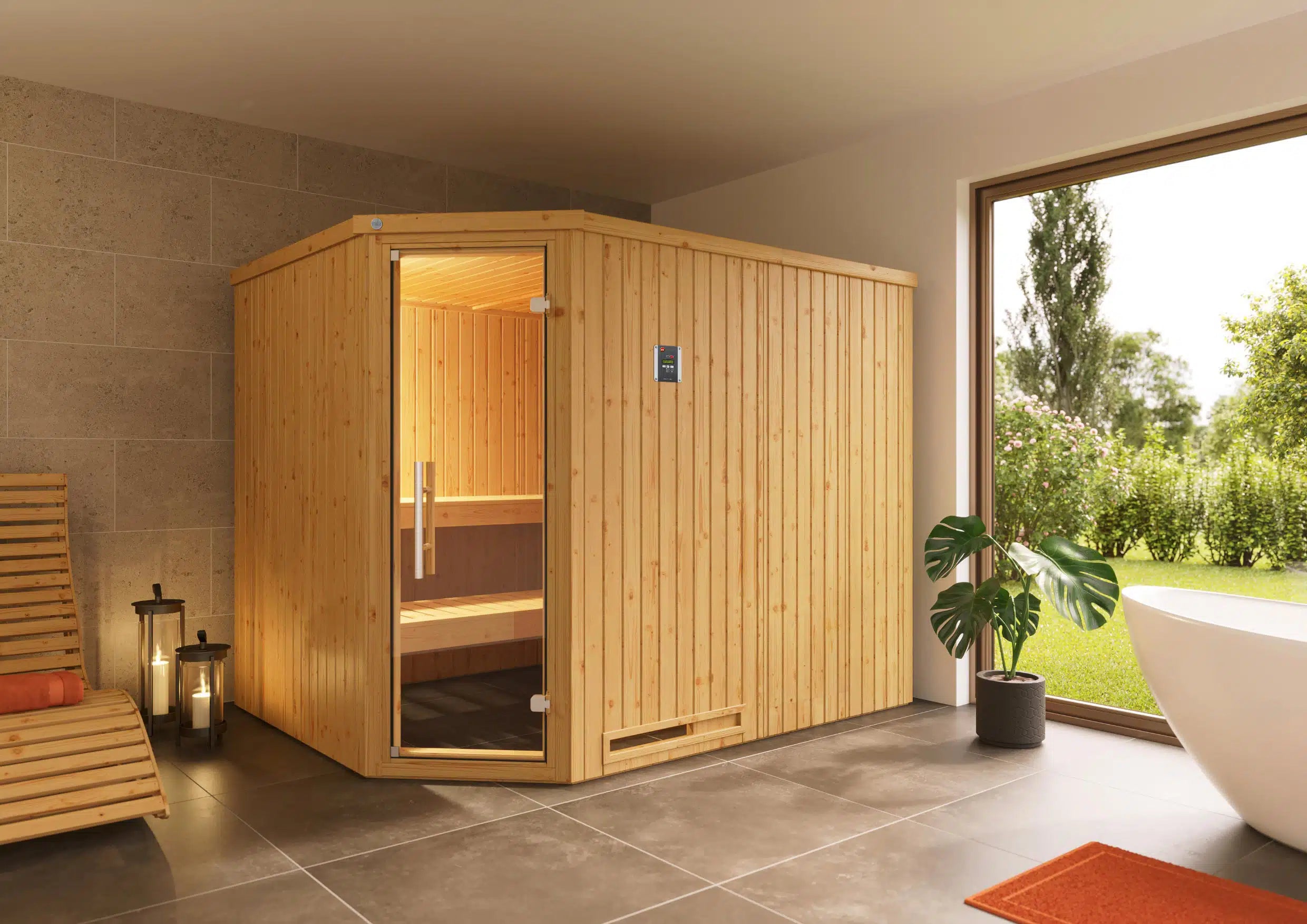 WEKA Sauna aus Massivholz mit Glastür.Die Sauna ist ein Wohlfühlraum zum enstpannen- machen sie ihr zuhause zur privaten Wellnessoase