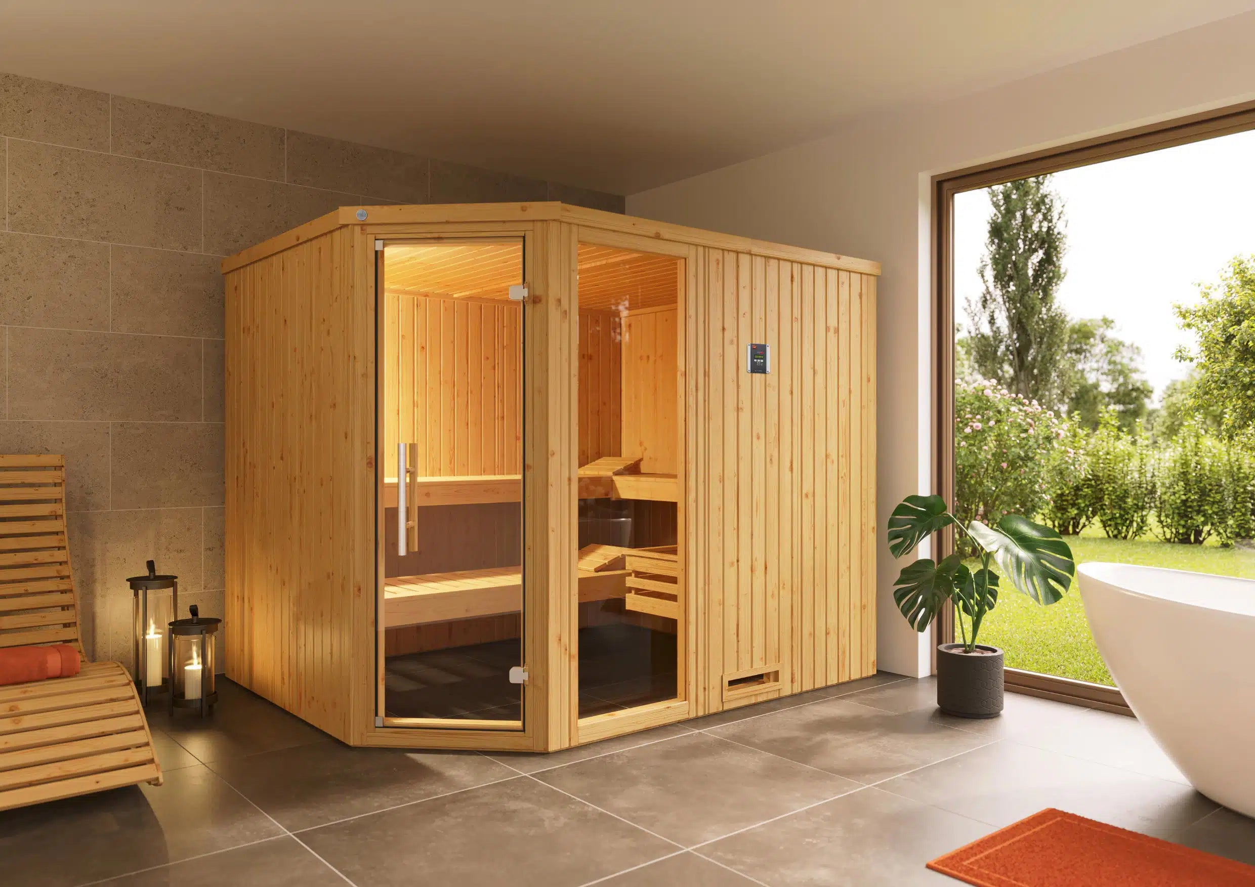 WEKA Sauna aus Massivholz mit Glastür.Die Sauna ist ein Wohlfühlraum zum enstpannen- machen sie ihr zuhause zur privaten Wellnessoase