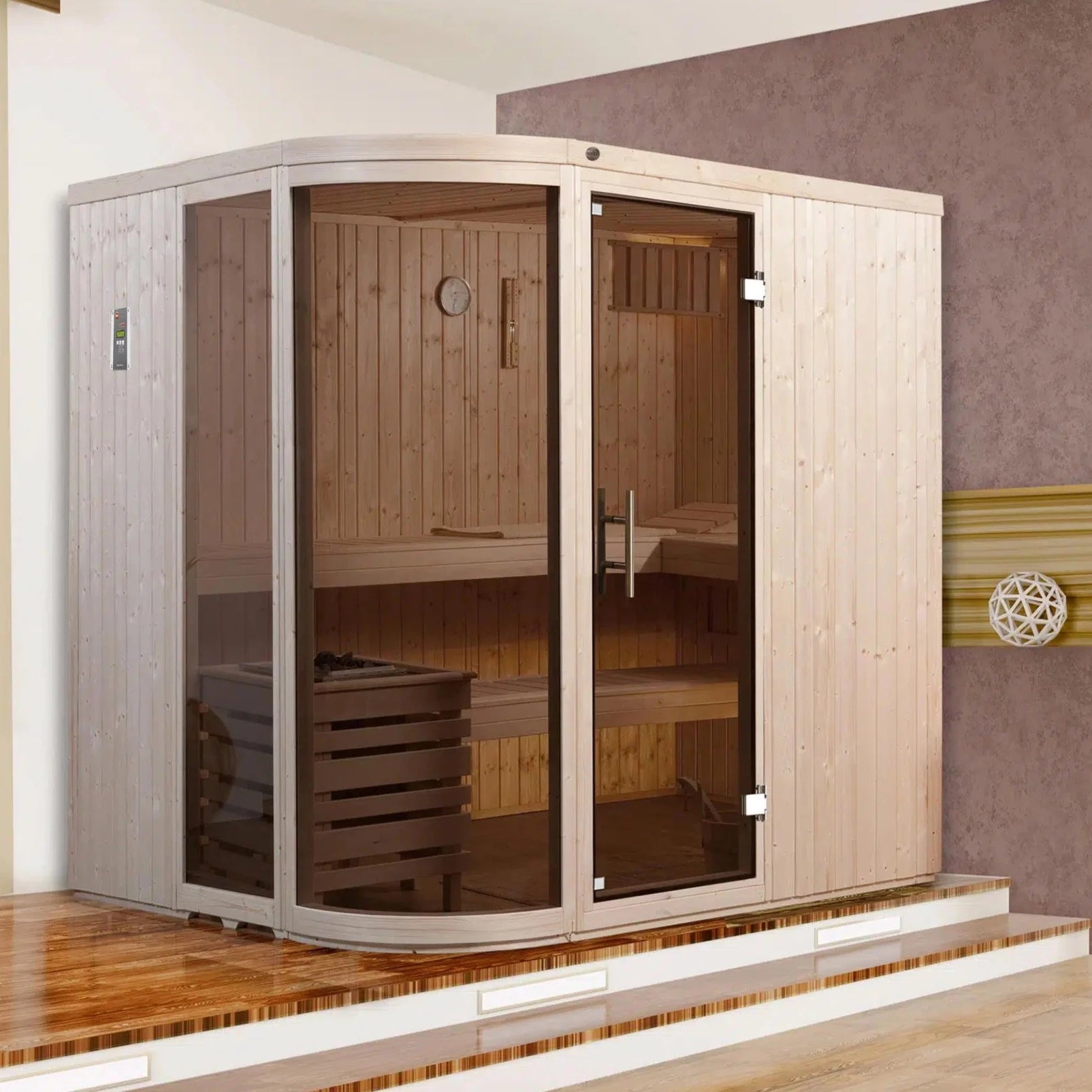 WEKA Design Sauna aus Massivholz mit Glastür und Fenster. Die Sauna ist ein Wohlfühlraum zum enstpannen- machen sie ihr zuhause zur privaten Wellnessoase