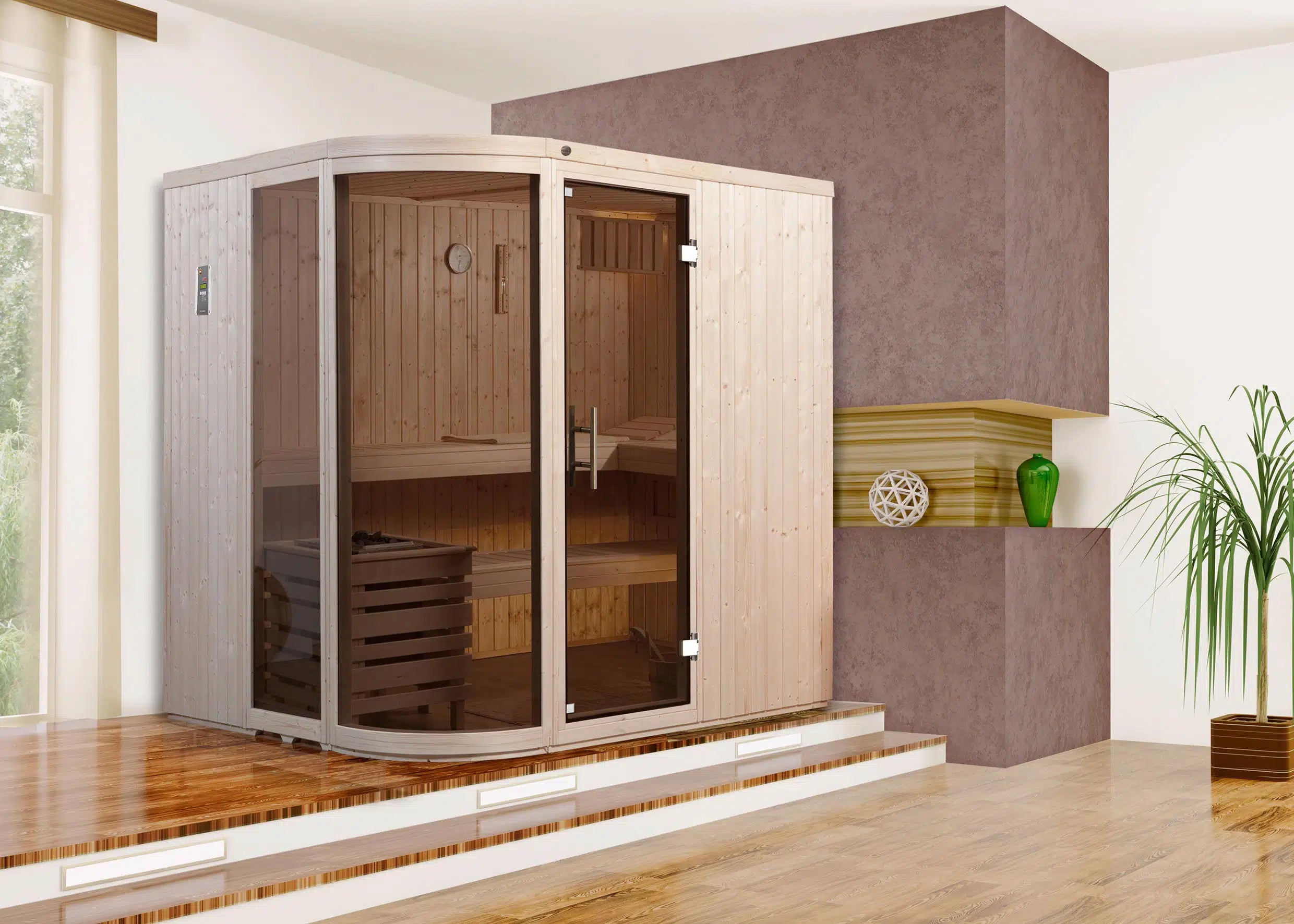 WEKA Design Sauna aus Massivholz mit Glastür und Fenster. Die Sauna ist ein Wohlfühlraum zum enstpannen- machen sie ihr zuhause zur privaten Wellnessoase