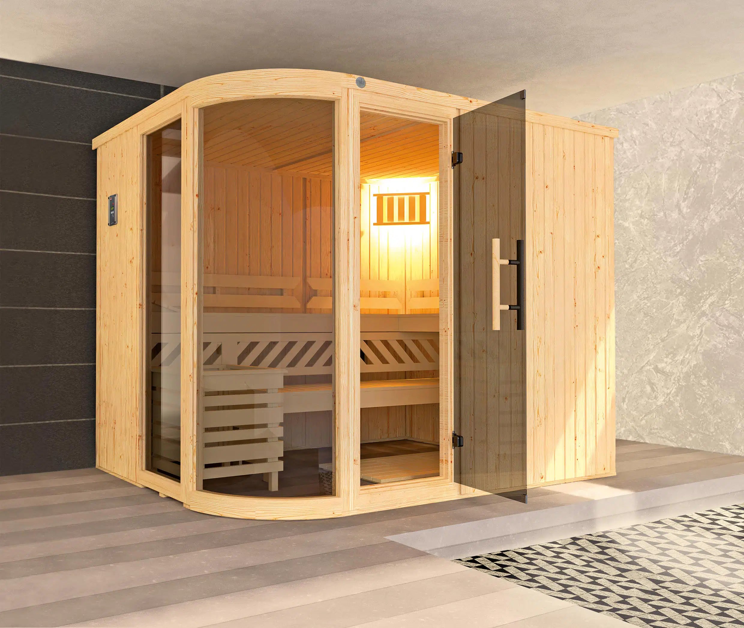 WEKA Design Sauna aus Massivholz mit Glastür und Fenster. Die Sauna ist ein Wohlfühlraum zum enstpannen- machen sie ihr zuhause zur privaten Wellnessoase