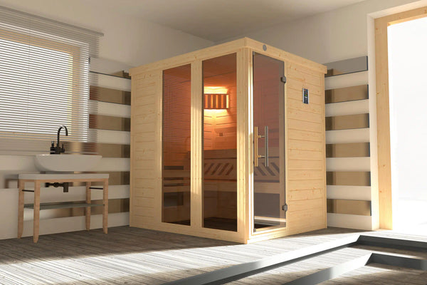 WEKA Design Sauna aus Massivholz mit Glastür und Fenster. Die Sauna ist ein Wohlfühlraum zum enstpannen- machen sie ihr zuhause zur privaten Wellnessoase