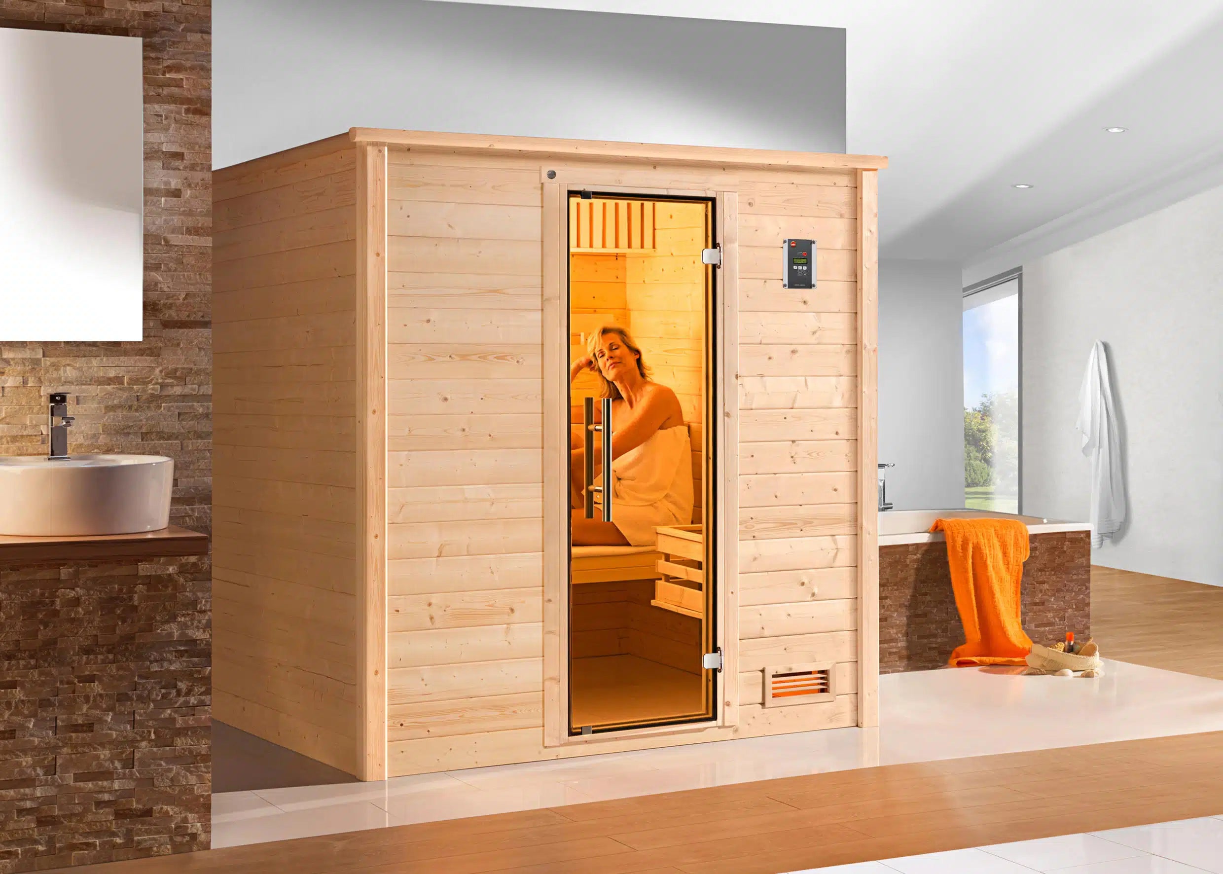 WEKA Sauna aus Massivholz mit glastür. Die Sauna ist ein Wohlfühlraum zum enstpannen- machen sie ihr zuhause zur privaten Wellnessoase 