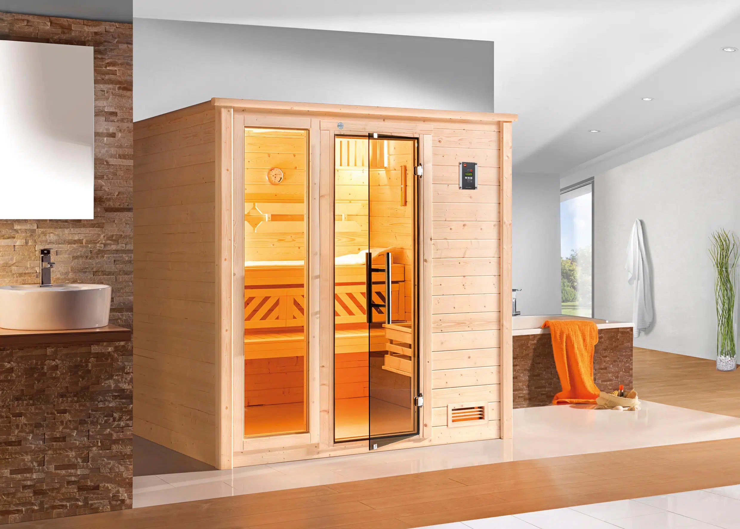 WEKA Sauna aus Massivholz mit Glastür.Die Sauna ist ein Wohlfühlraum zum enstpannen- machen sie ihr zuhause zur privaten Wellnessoase 