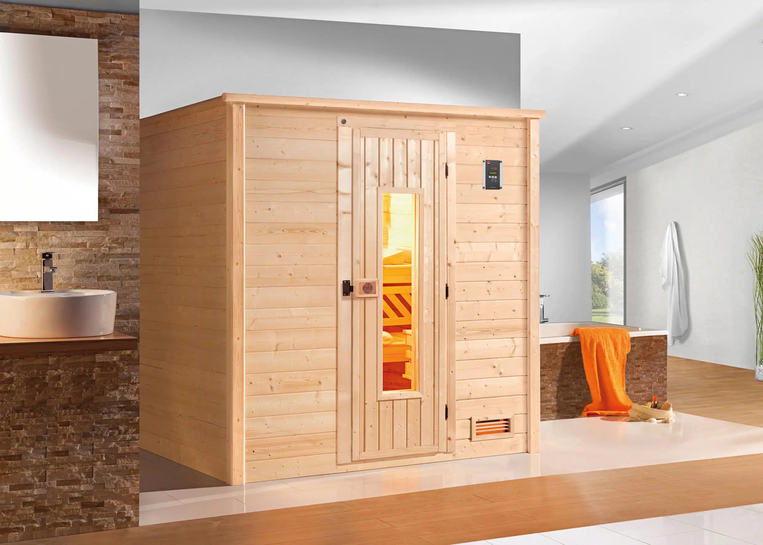 WEKA Sauna aus Massivholz.Die Sauna ist ein Wohlfühlraum zum enstpannen- machen sie ihr zuhause zur privaten Wellnessoase 