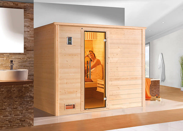 WEKA Sauna aus Massivholz mit glastür. Die Sauna ist ein Wohlfühlraum zum enstpannen- machen sie ihr zuhause zur privaten Wellnessoase 