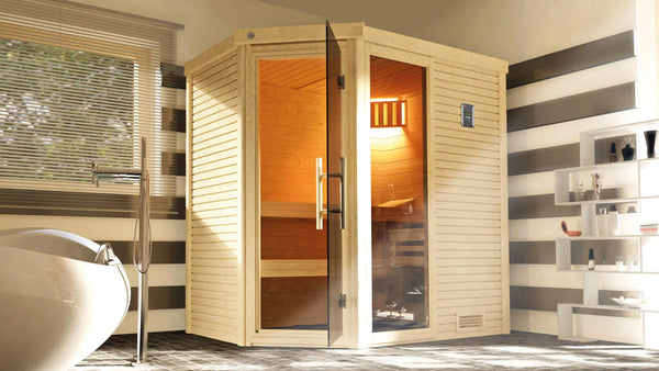 WEKA Sauna aus Massivholz mit Glastür und Fenster. Die Sauna ist ein Wohlfühlraum zum enstpannen- machen sie ihr zuhause zur privaten Wellnessoase 