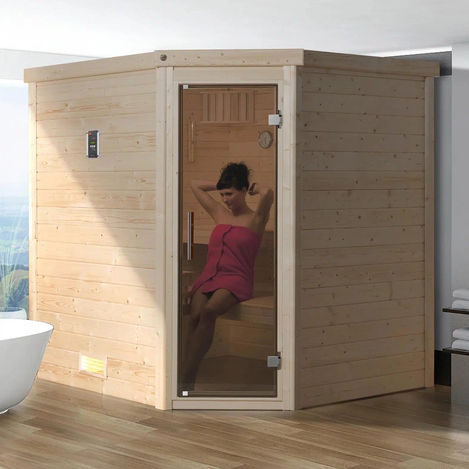 WEKA Sauna aus Massivholz mit glastür. Die Sauna ist ein Wohlfühlraum zum enstpannen- machen sie ihr zuhause zur privaten Wellnessoase 