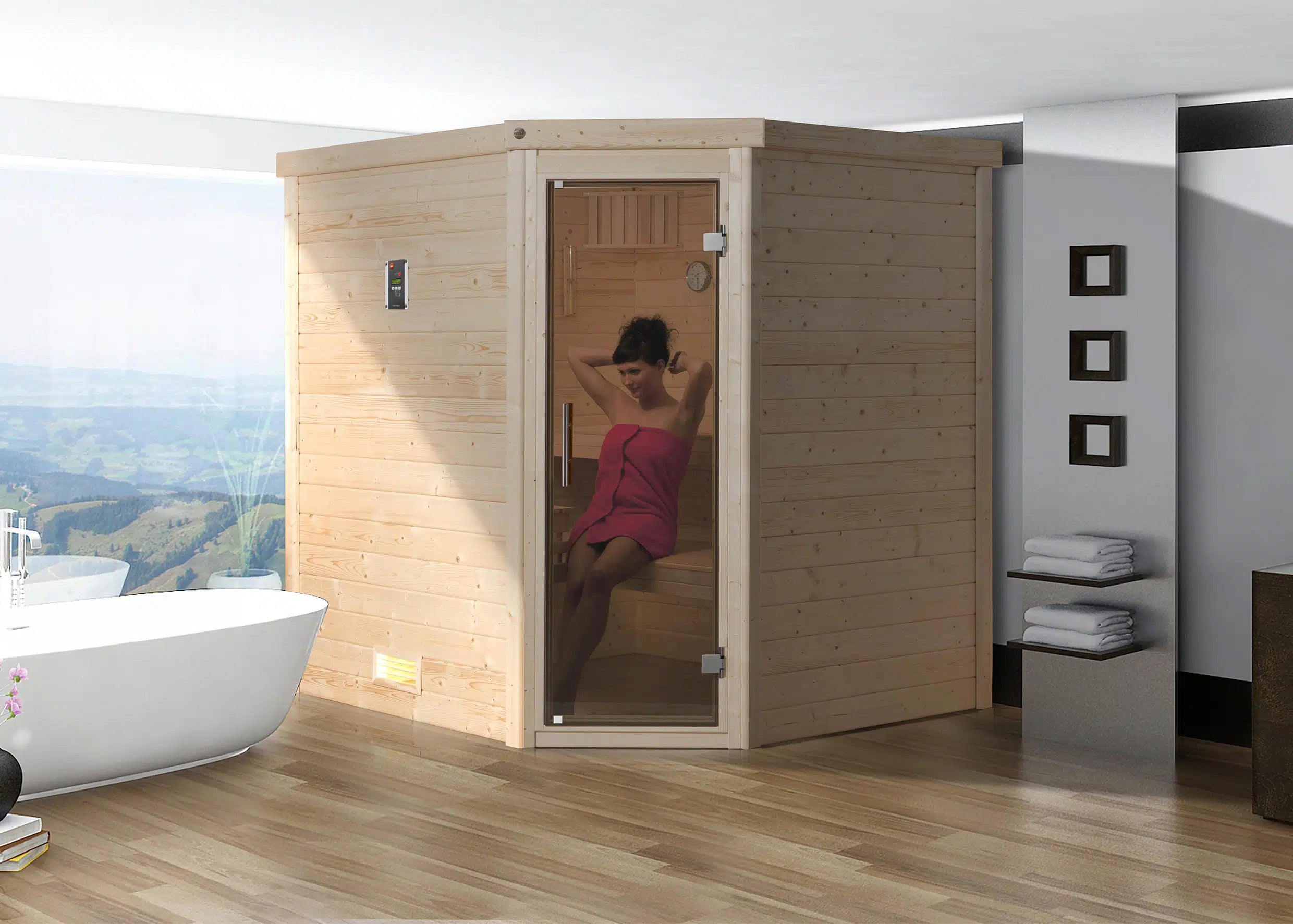 WEKA Sauna aus Massivholz mit Glastür. Die Sauna ist ein Wohlfühlraum zum enstpannen- machen sie ihr zuhause zur privaten Wellnessoase 