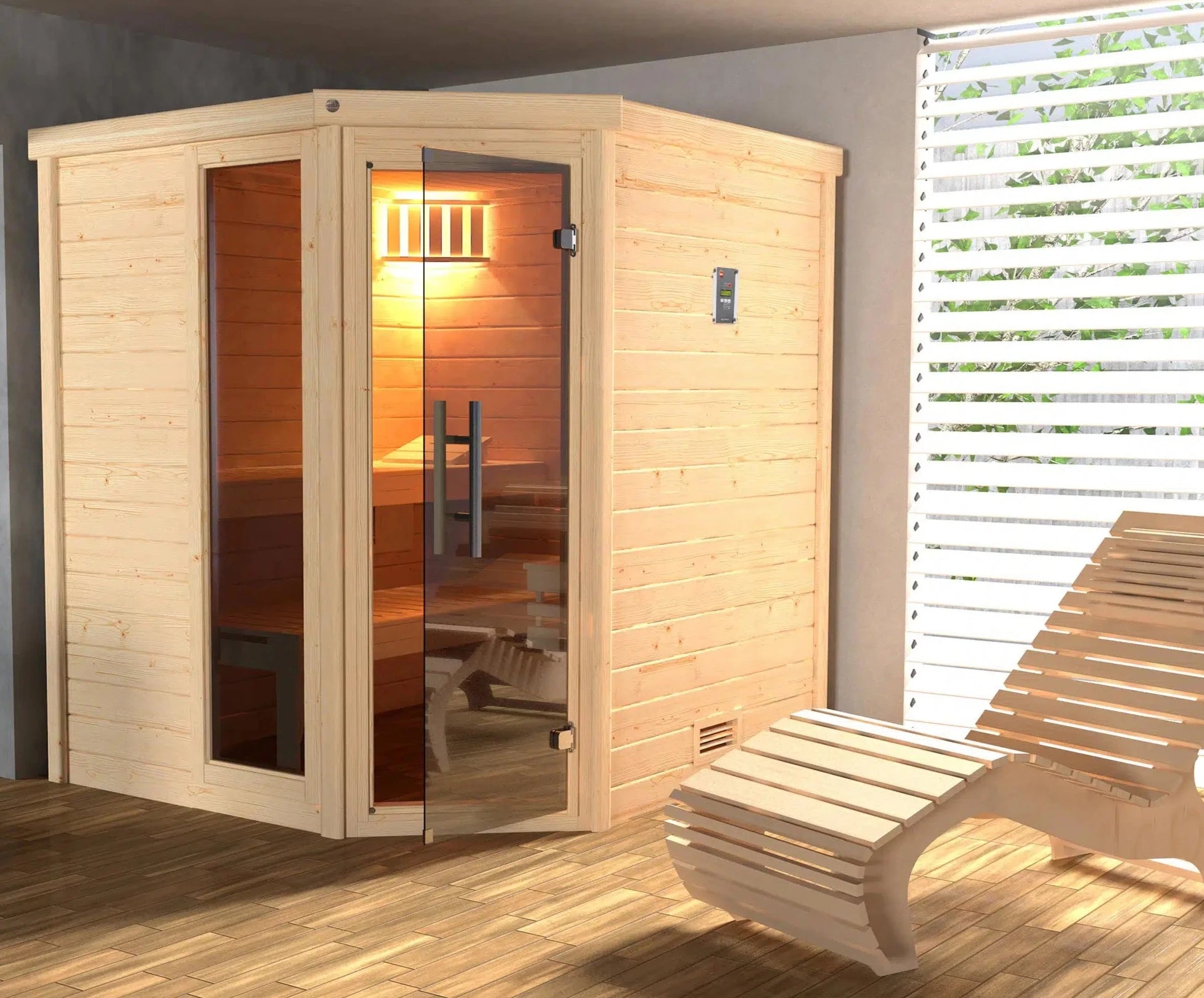 WEKA Sauna aus Massivholz mit Glastür und Fenster. Die Sauna ist ein Wohlfühlraum zum enstpannen- machen sie ihr zuhause zur privaten Wellnessoase 