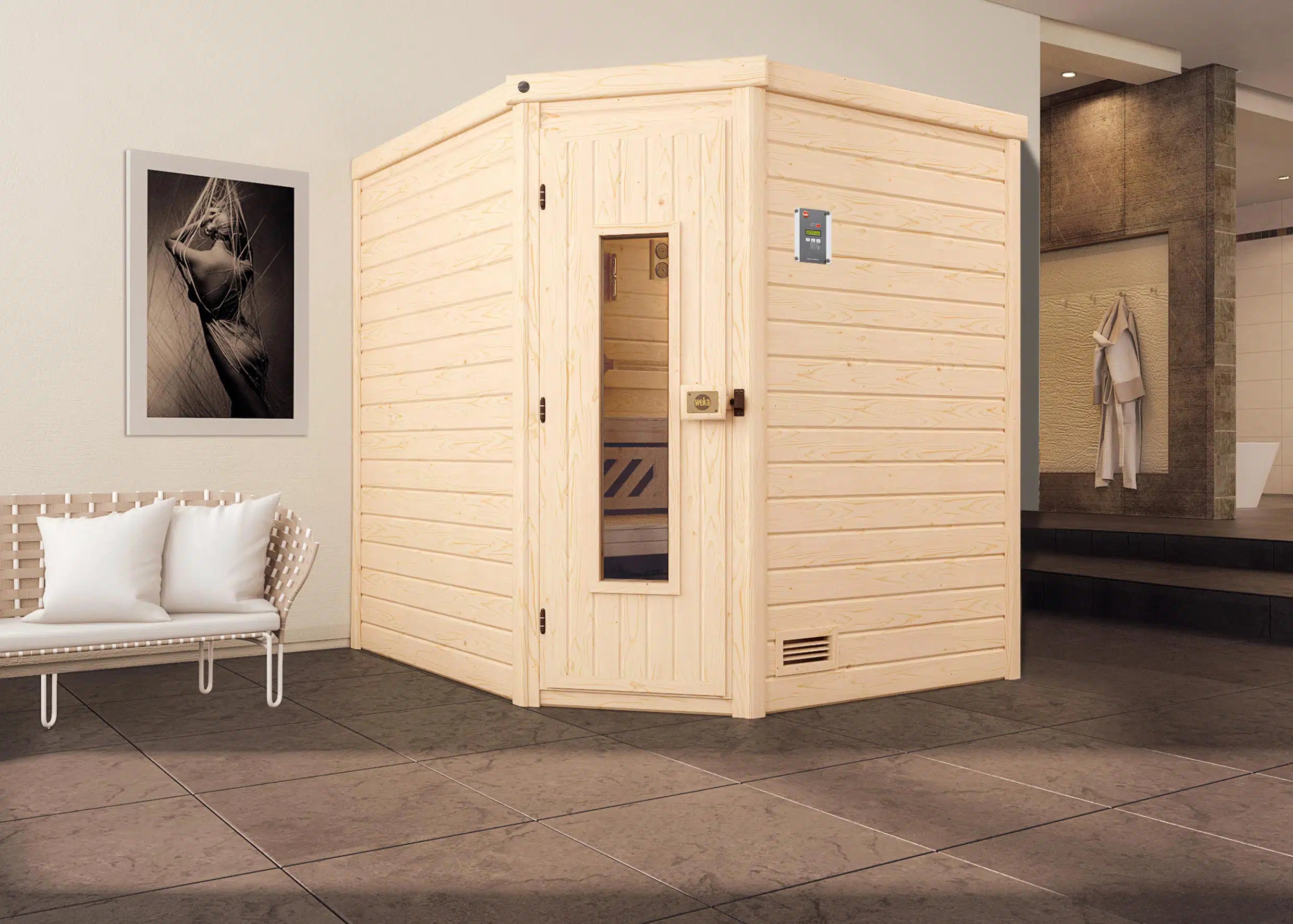 WEKA Sauna aus Massivholz.Die Sauna ist ein Wohlfühlraum zum enstpannen- machen sie ihr zuhause zur privaten Wellnessoase 