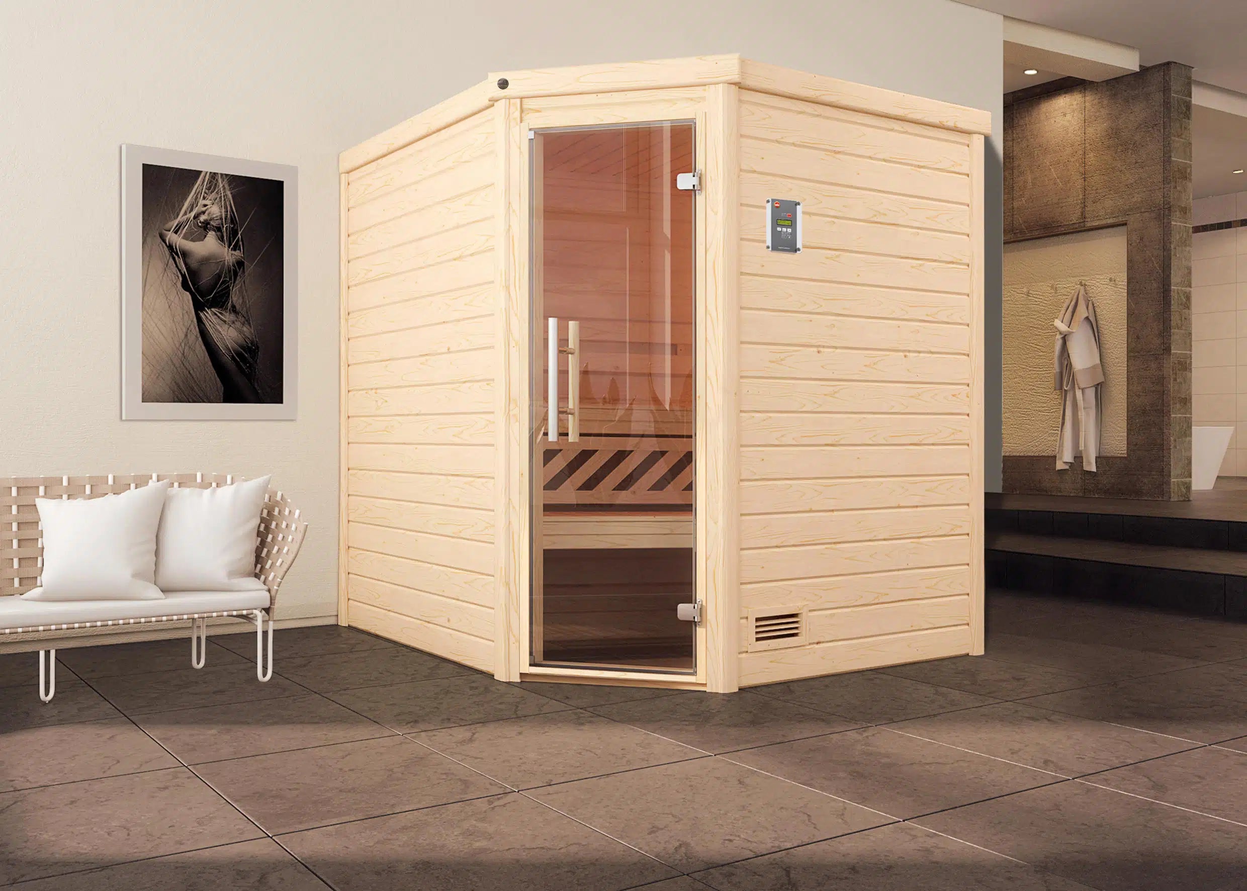WEKA Sauna aus Massivholz mit Glastür und Fenster.Die Sauna ist ein Wohlfühlraum zum enstpannen- machen sie ihr zuhause zur privaten Wellnessoase 