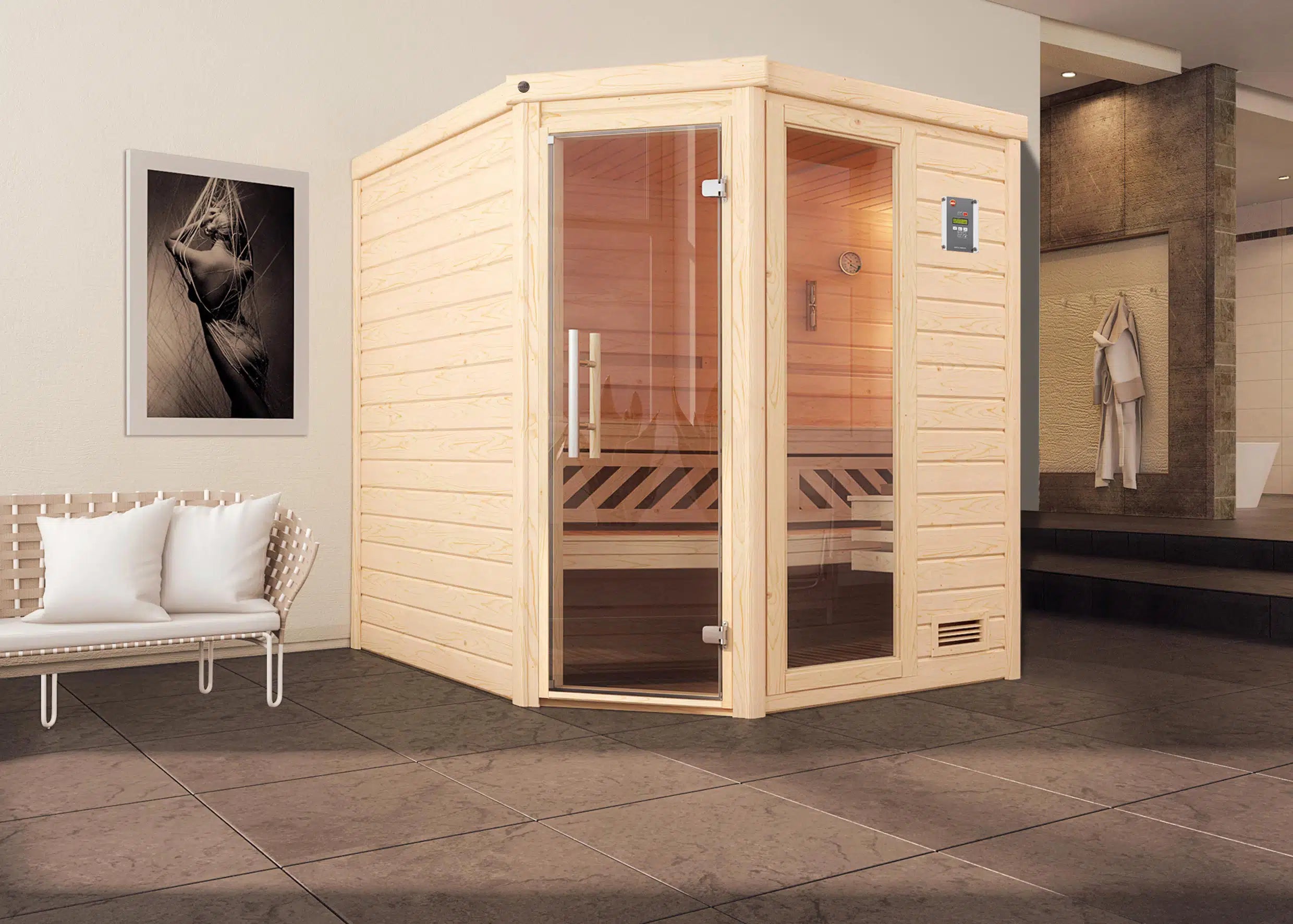 WEKA Sauna aus Massivholz mit Glastür und Fenster.Die Sauna ist ein Wohlfühlraum zum enstpannen- machen sie ihr zuhause zur privaten Wellnessoase 