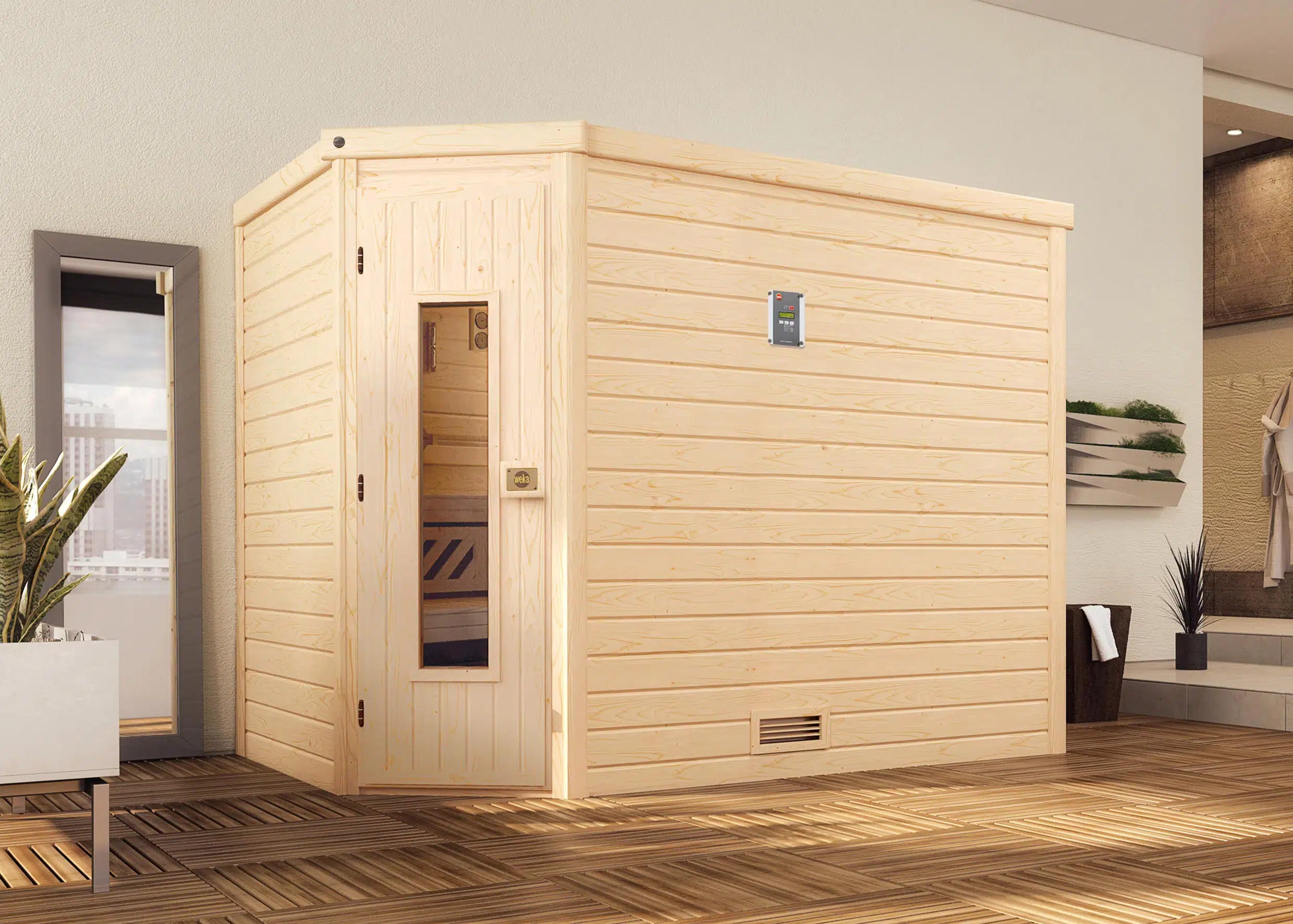 WEKA Sauna aus Massivholz.Die Sauna ist ein Wohlfühlraum zum enstpannen- machen sie ihr zuhause zur privaten Wellnessoase 