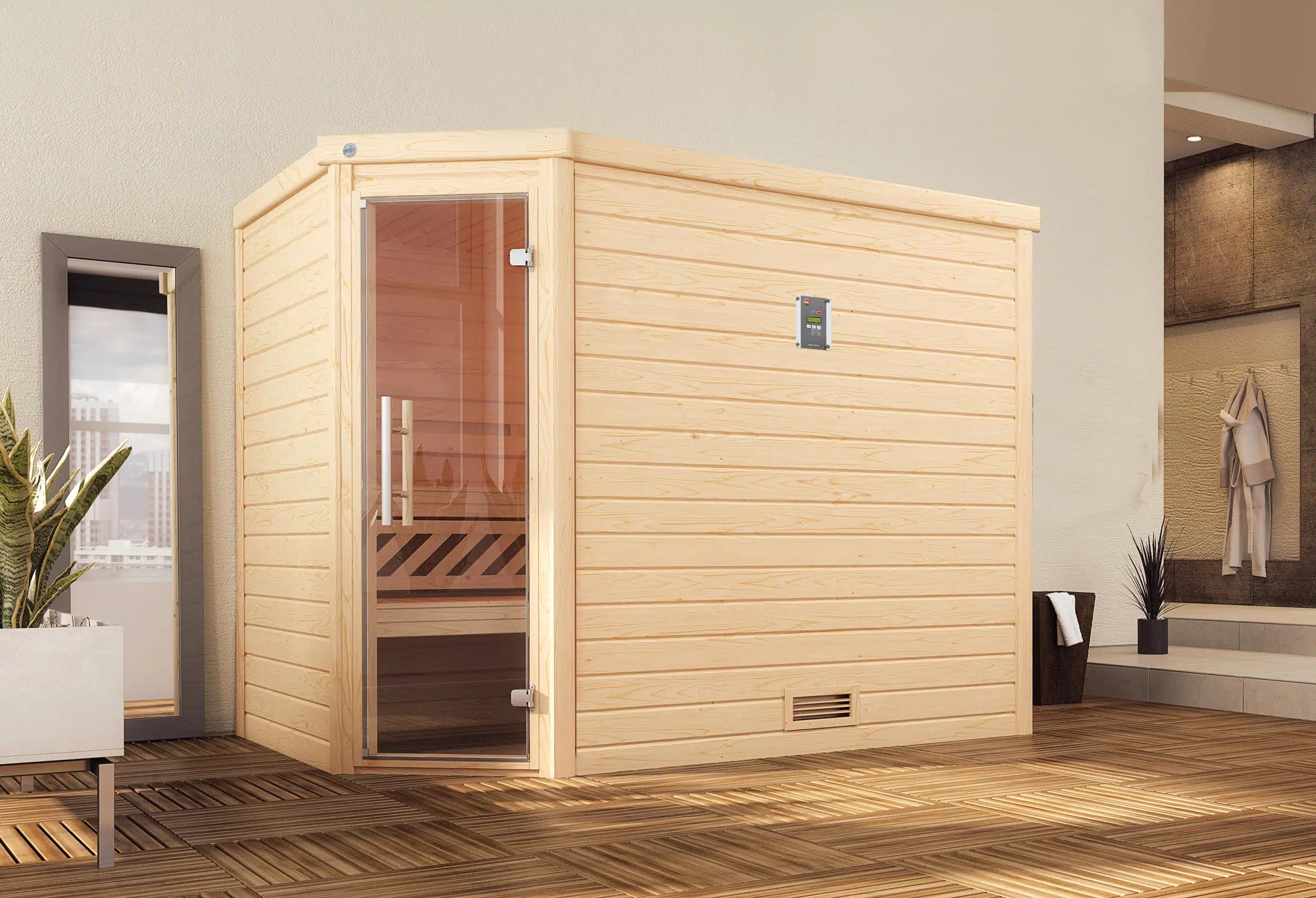 WEKA Sauna aus Massivholz mit Glastür. Die Sauna ist ein Wohlfühlraum zum enstpannen- machen sie ihr zuhause zur privaten Wellnessoase 