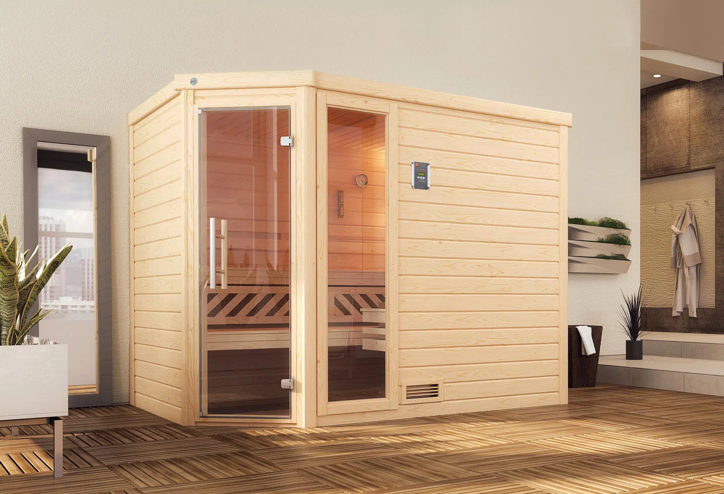 WEKA Sauna aus Massivholz Glastür und Fenster. Die Sauna ist ein Wohlfühlraum zum enstpannen- machen sie ihr zuhause zur privaten Wellnessoase 