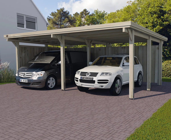 weka doppelcarport flachdach fichtenholz - schütz ihr pkw vor wind und wetter, platz für 2 autos 